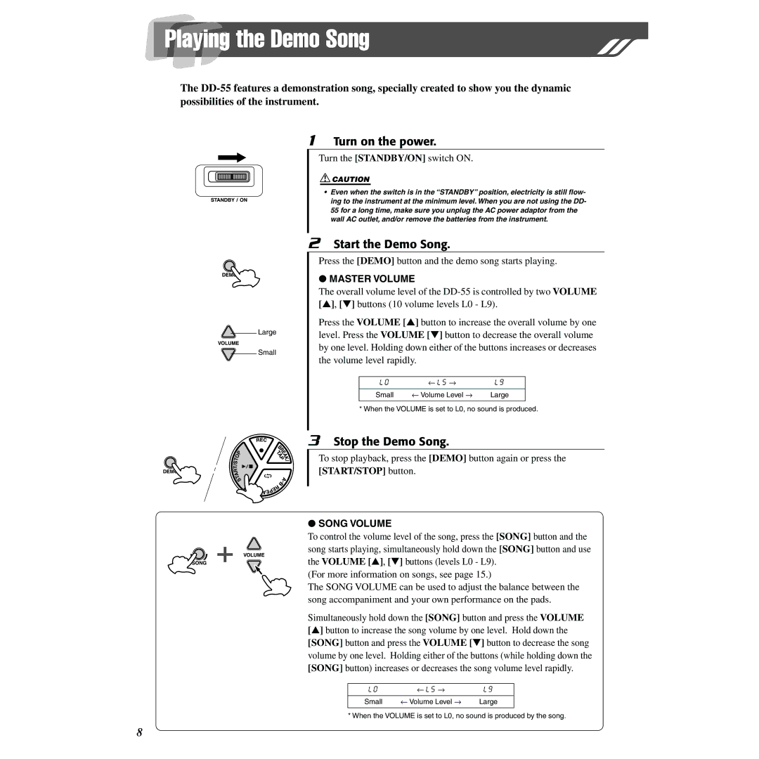 Yamaha DD-55 owner manual Playing the Demo Song, Turn on the power, Start the Demo Song, Stop the Demo Song 