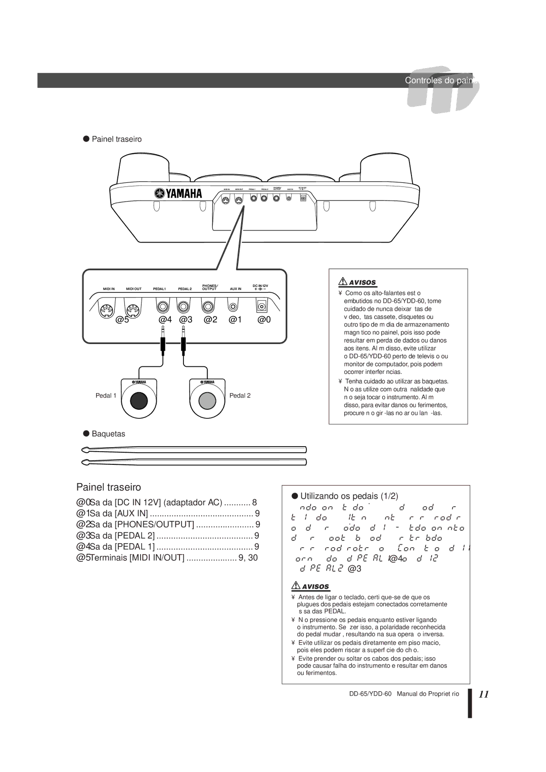 Yamaha DD-65 manual @5 @4 @3 @2 @1 @0, Utilizando os pedais 1/2 