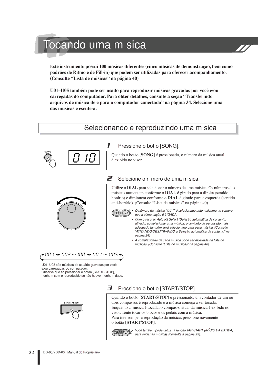 Yamaha DD-65 manual 010, Tocando uma música, Selecionando e reproduzindo uma música 