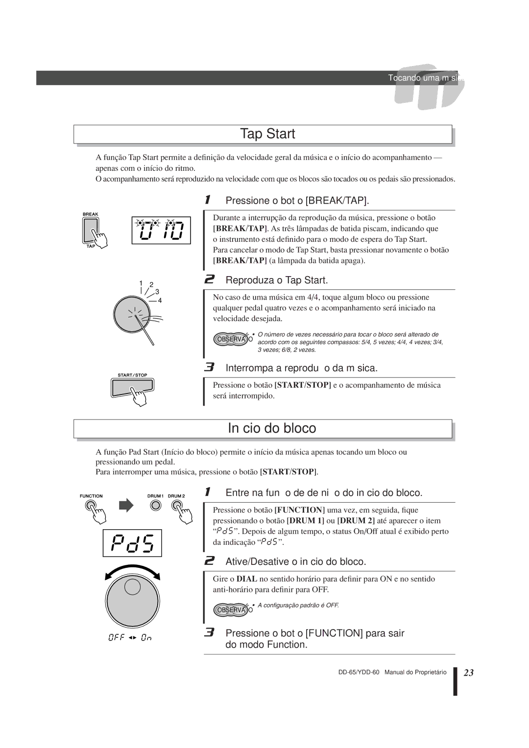 Yamaha DD-65 manual PdS, Tap Start, Início do bloco 