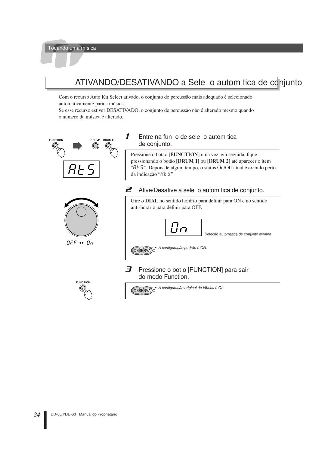 Yamaha DD-65 manual AtS, Entre na função de seleção automática de conjunto, Ative/Desative a seleção automática de conjunto 