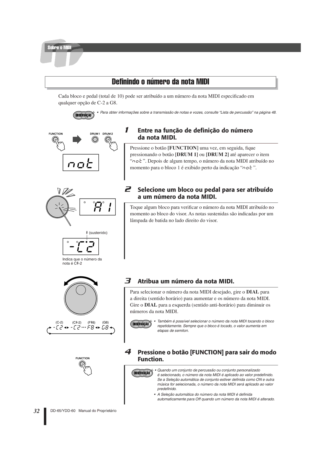 Yamaha DD-65 manual Not, Deﬁnindo o número da nota Midi, Entre na função de deﬁnição do número da nota Midi 