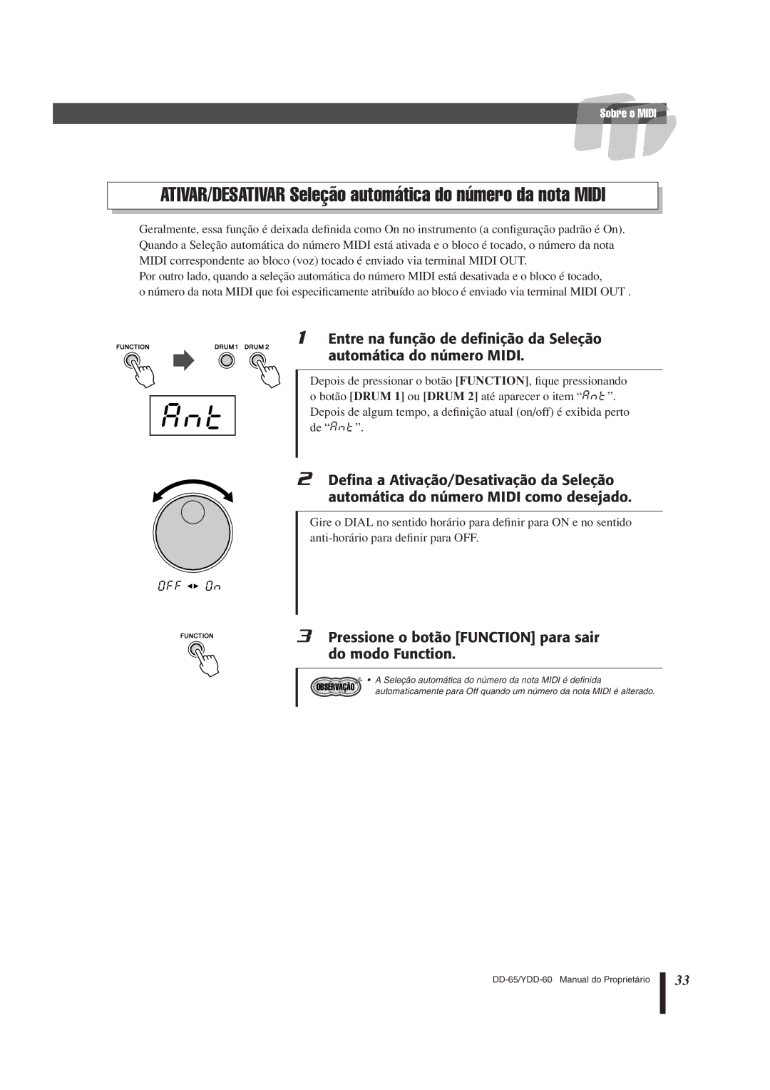 Yamaha DD-65 manual Ant, ATIVAR/DESATIVAR Seleção automática do número da nota Midi 