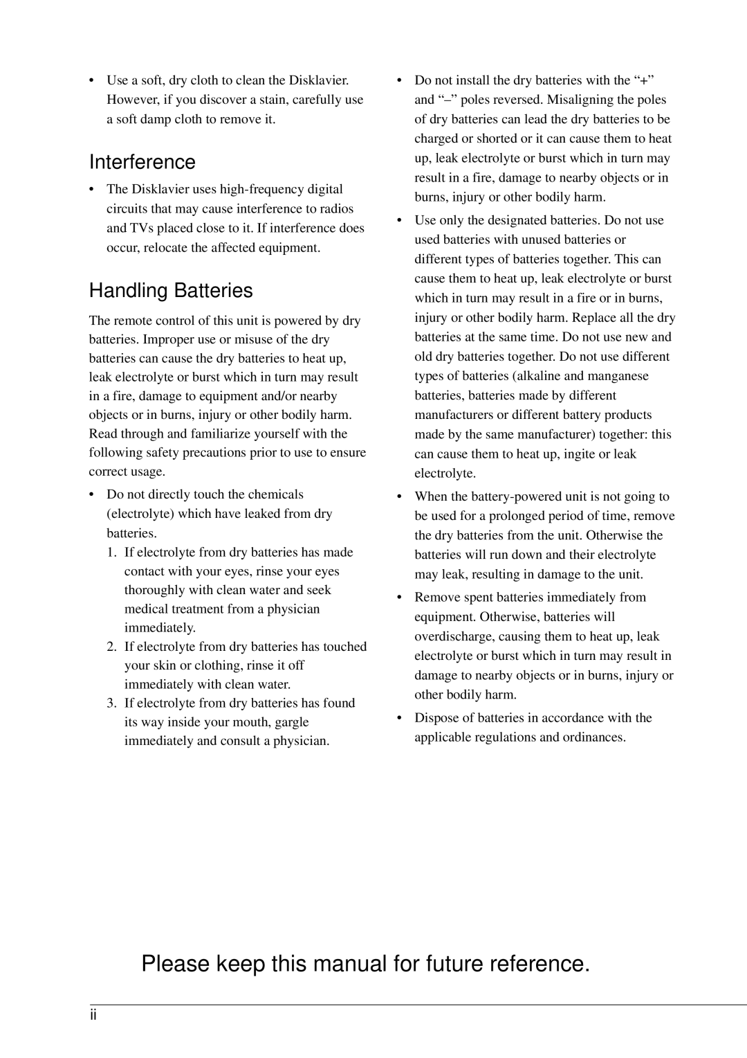 Yamaha DGC1B Please keep this manual for future reference, Interference, Handling Batteries 