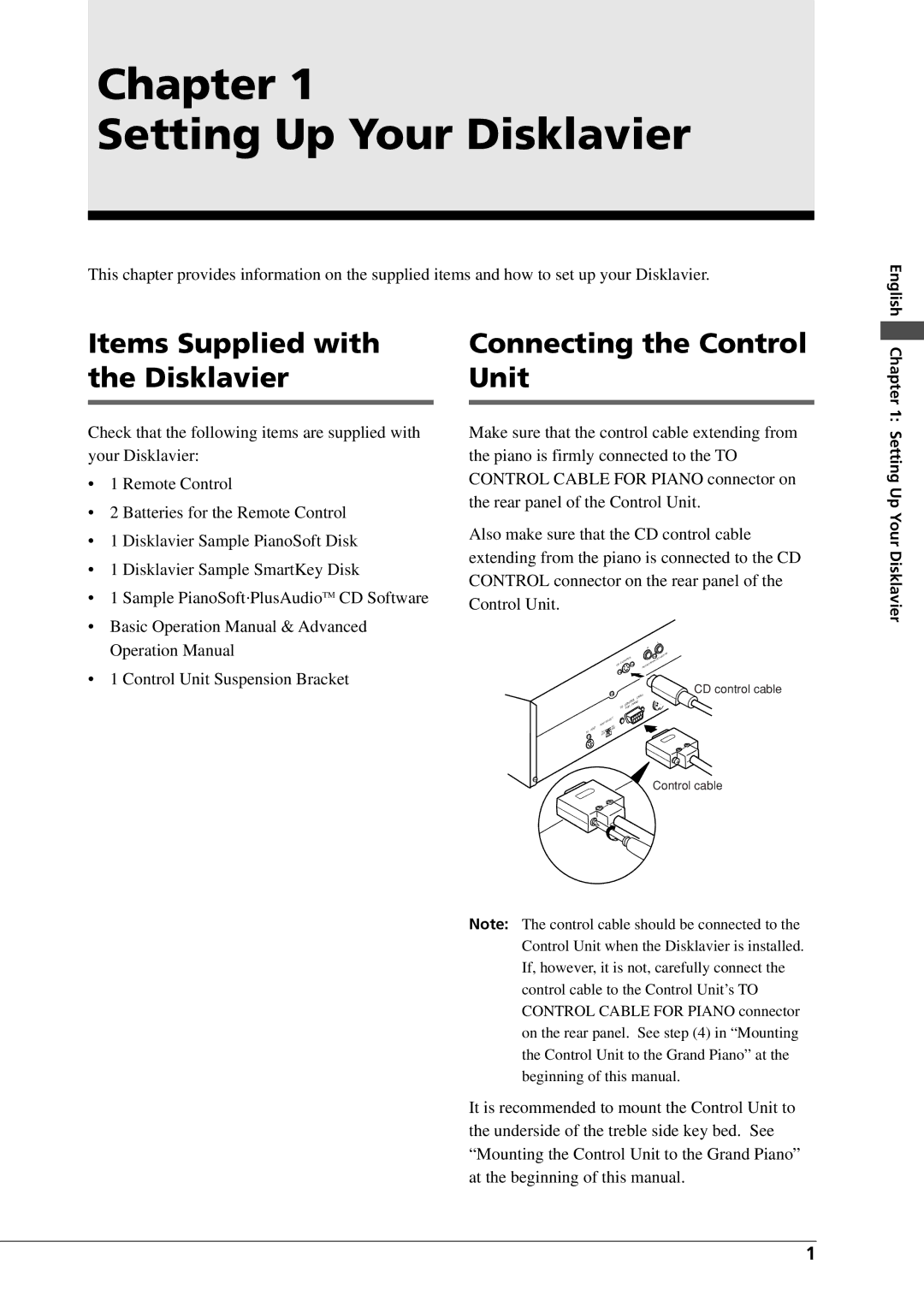 Yamaha DGC1B manual Chapter Setting Up Your Disklavier, Items Supplied with the Disklavier, Connecting the Control Unit 