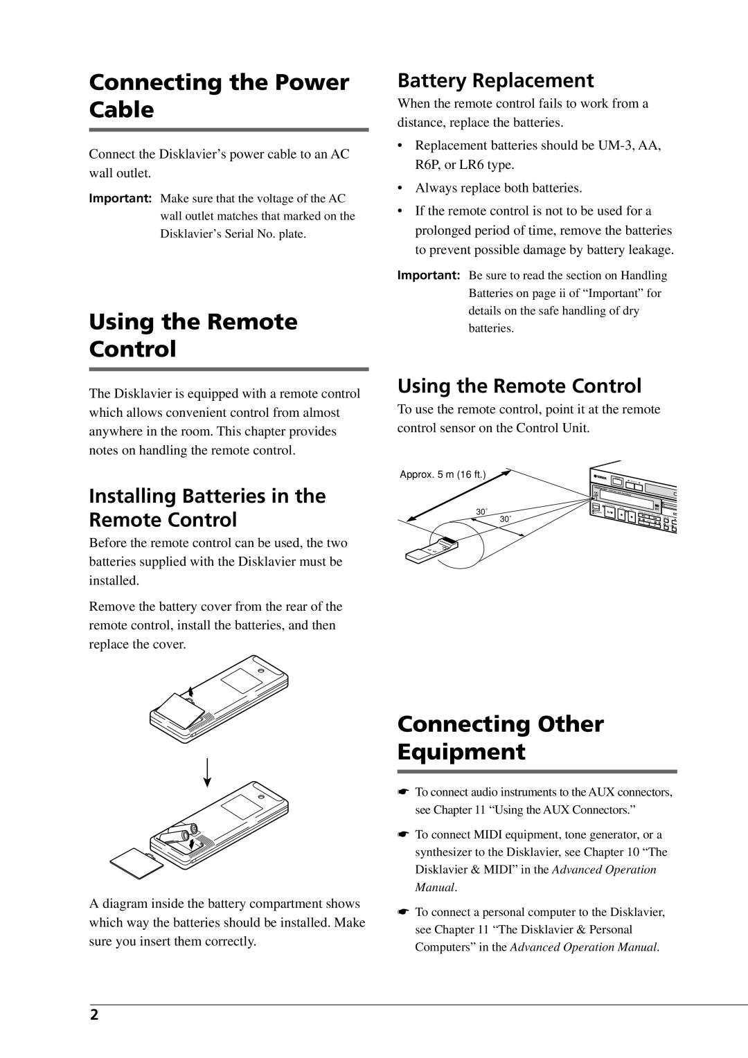 Yamaha DGC1B manual Connecting the Power Cable, Using the Remote Control, Connecting Other Equipment 