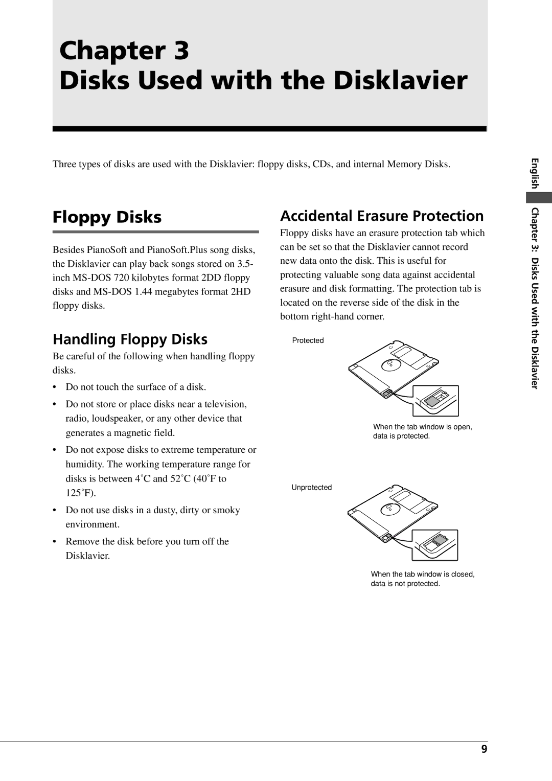 Yamaha DGC1B manual Chapter Disks Used with the Disklavier, Handling Floppy Disks, Accidental Erasure Protection 