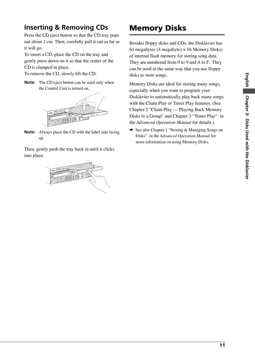 Yamaha DGC1B manual Memory Disks, Inserting & Removing CDs 