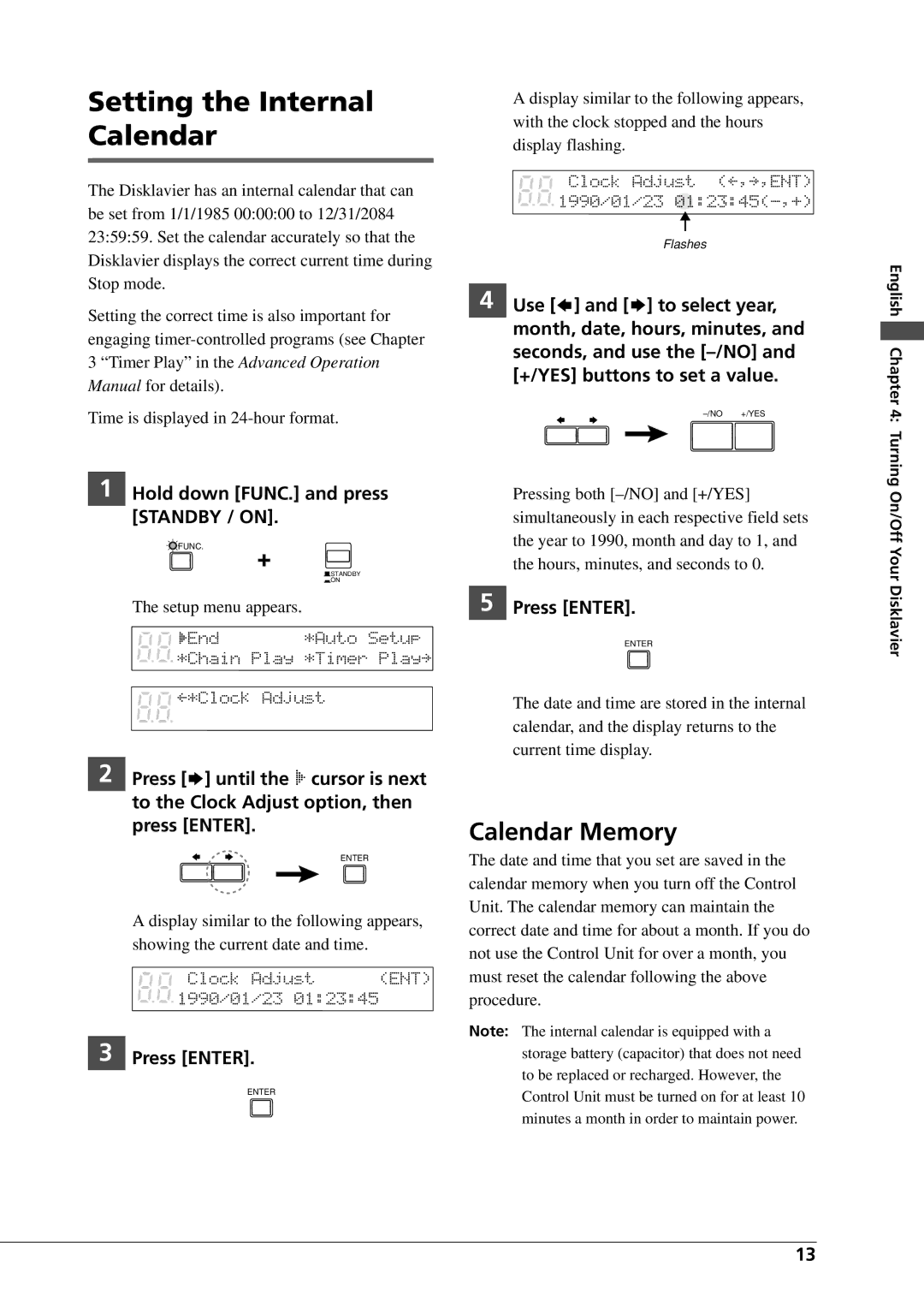 Yamaha DGC1B manual Setting the Internal Calendar, Calendar Memory, Hold down FUNC. and press Standby / on, Press Enter 