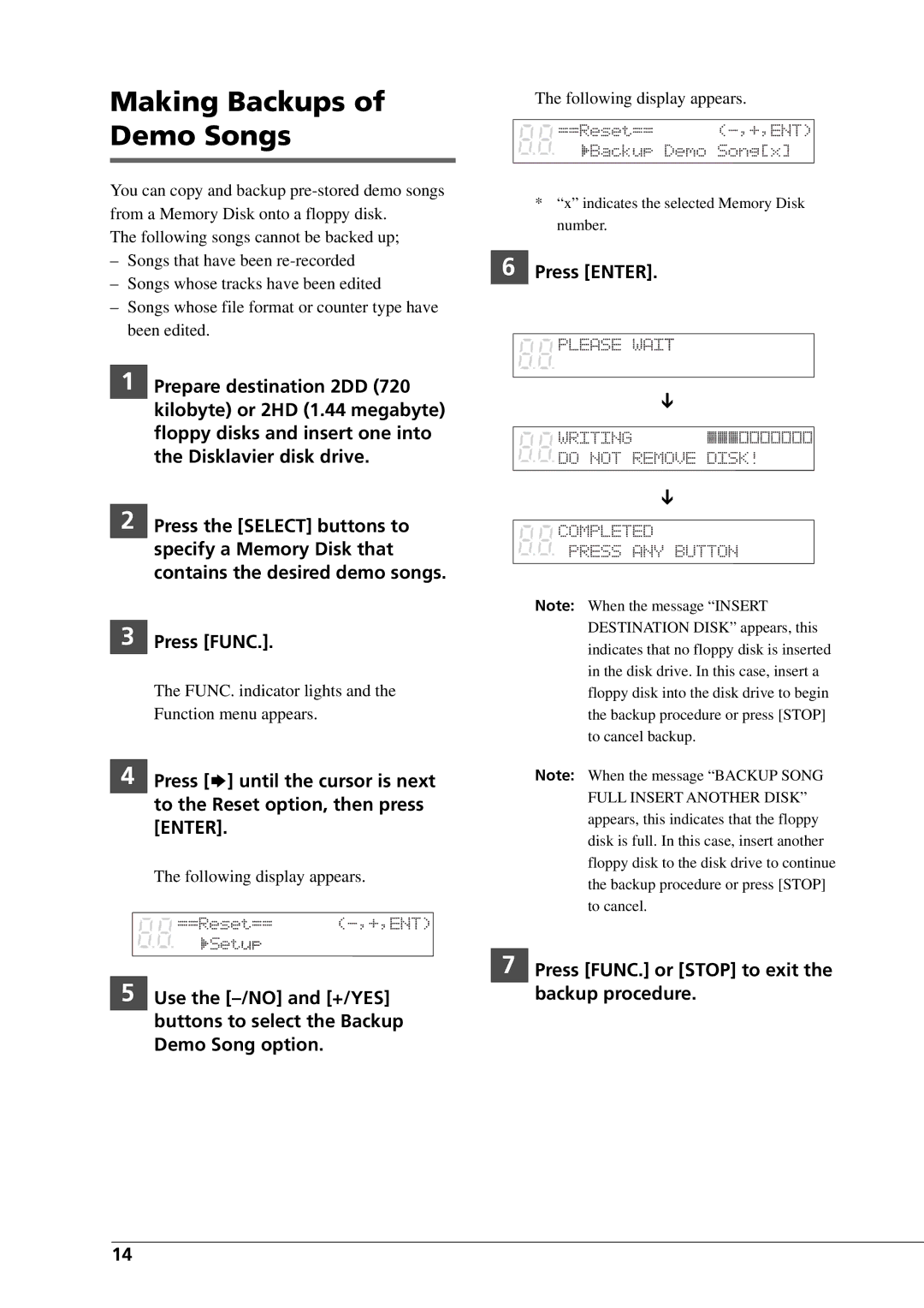 Yamaha DGC1B manual Making Backups of Demo Songs, Press Func 