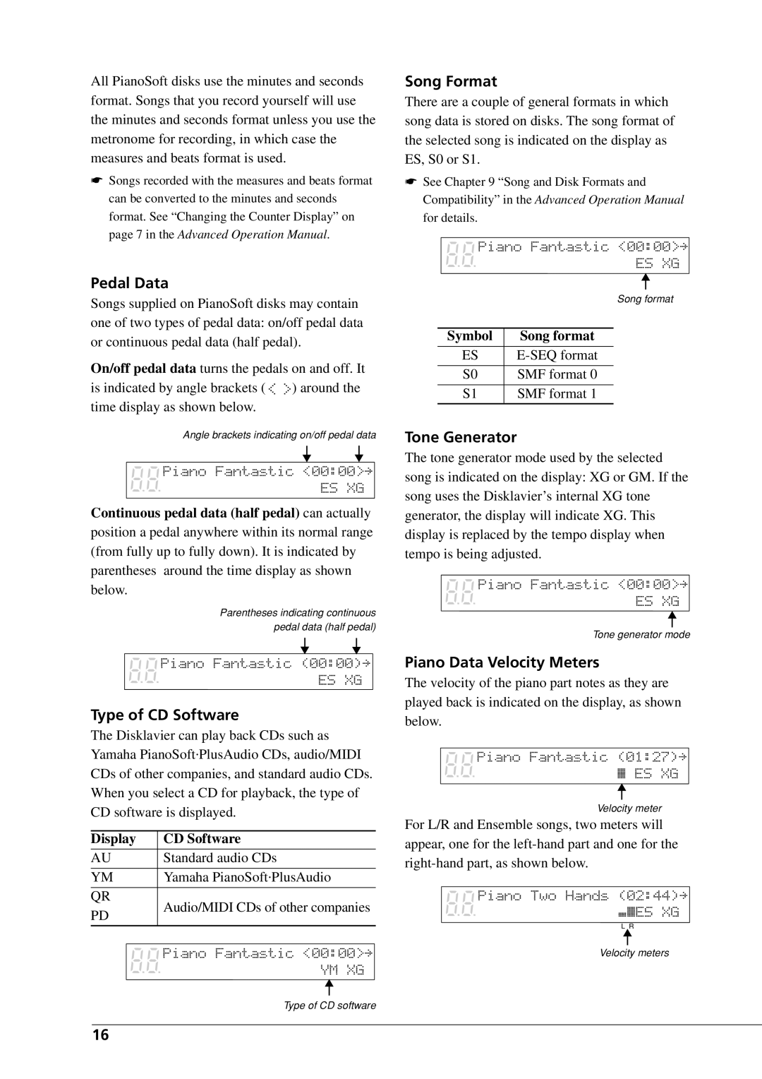 Yamaha DGC1B manual Song Format, Pedal Data, Type of CD Software, Piano Data Velocity Meters 