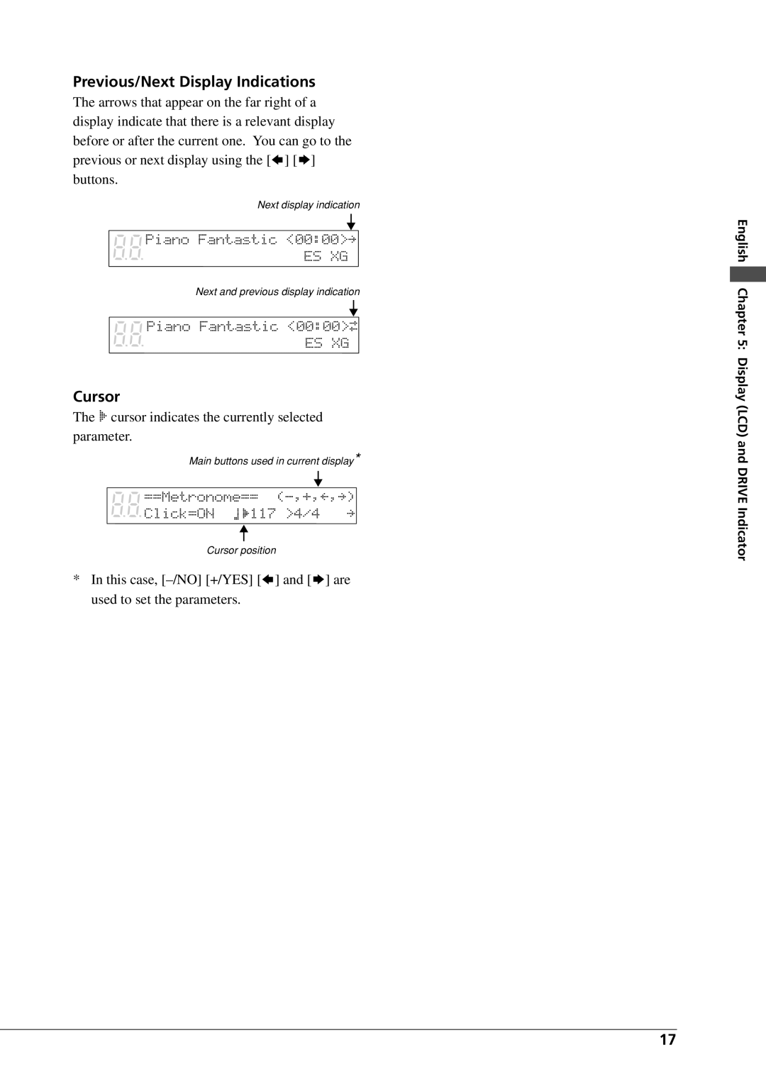 Yamaha DGC1B manual Previous/Next Display Indications, Cursor 