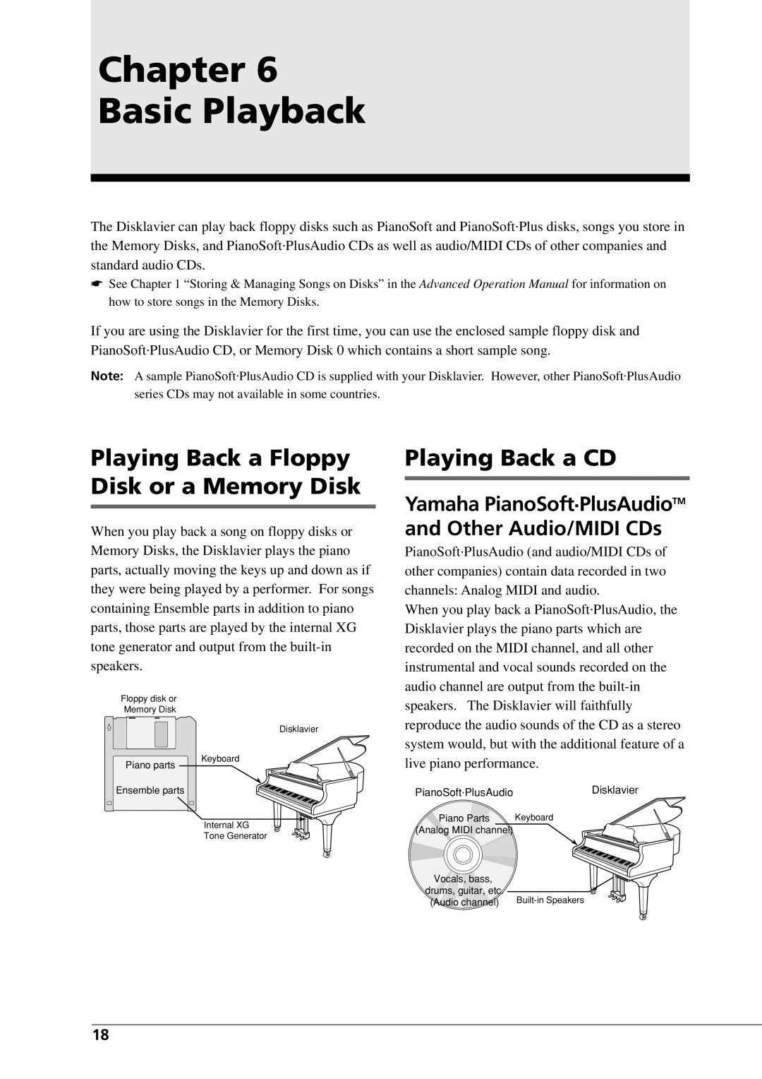 Yamaha DGC1B manual Chapter Basic Playback, Playing Back a Floppy Disk or a Memory Disk, Playing Back a CD 