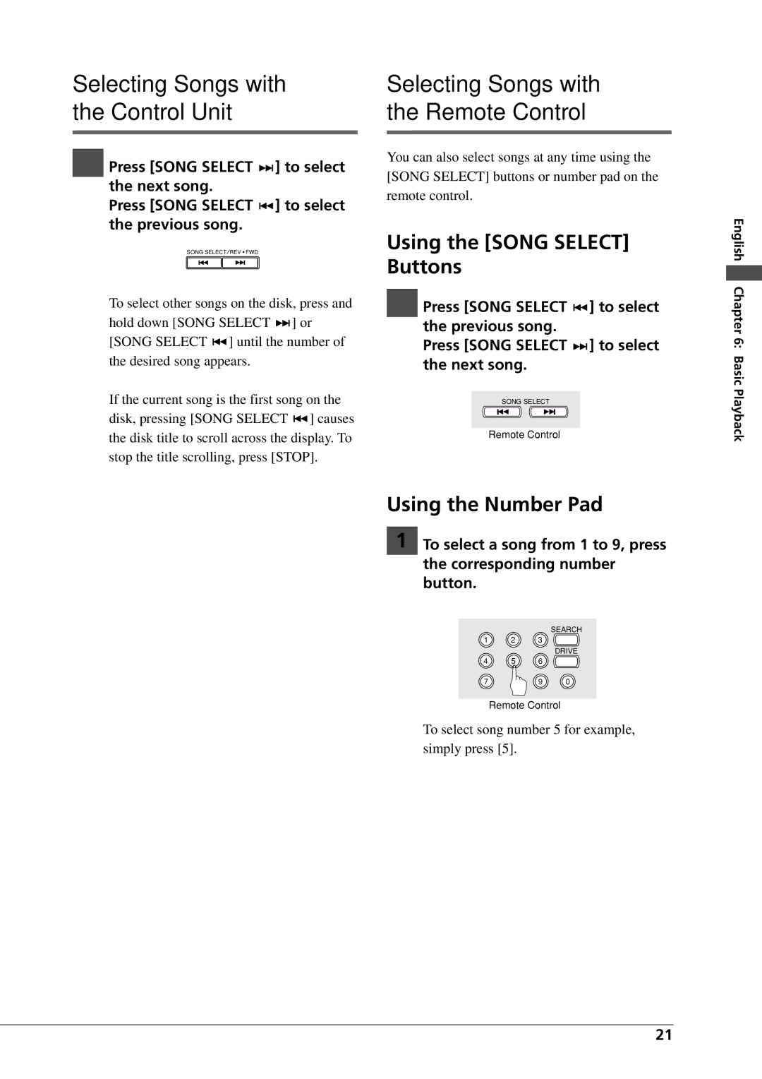 Yamaha DGC1B Selecting Songs with the Control Unit, Selecting Songs with the Remote Control, Using the Song Select Buttons 