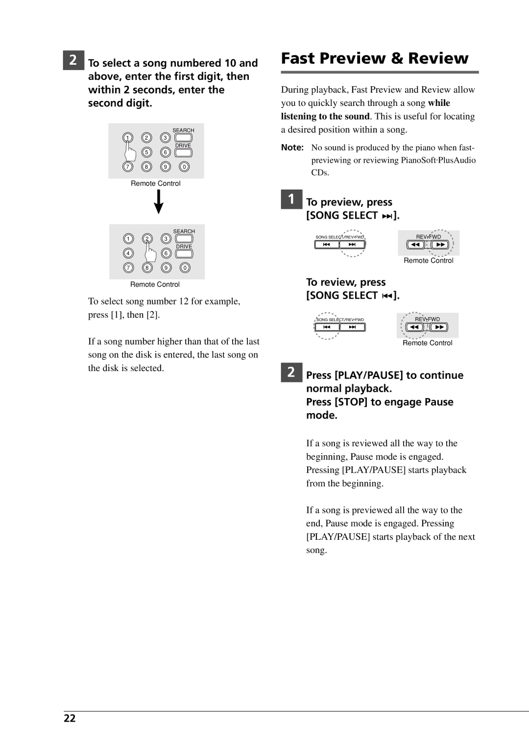 Yamaha DGC1B manual Fast Preview & Review, To review, press, Normal playback Press Stop to engage Pause Mode 