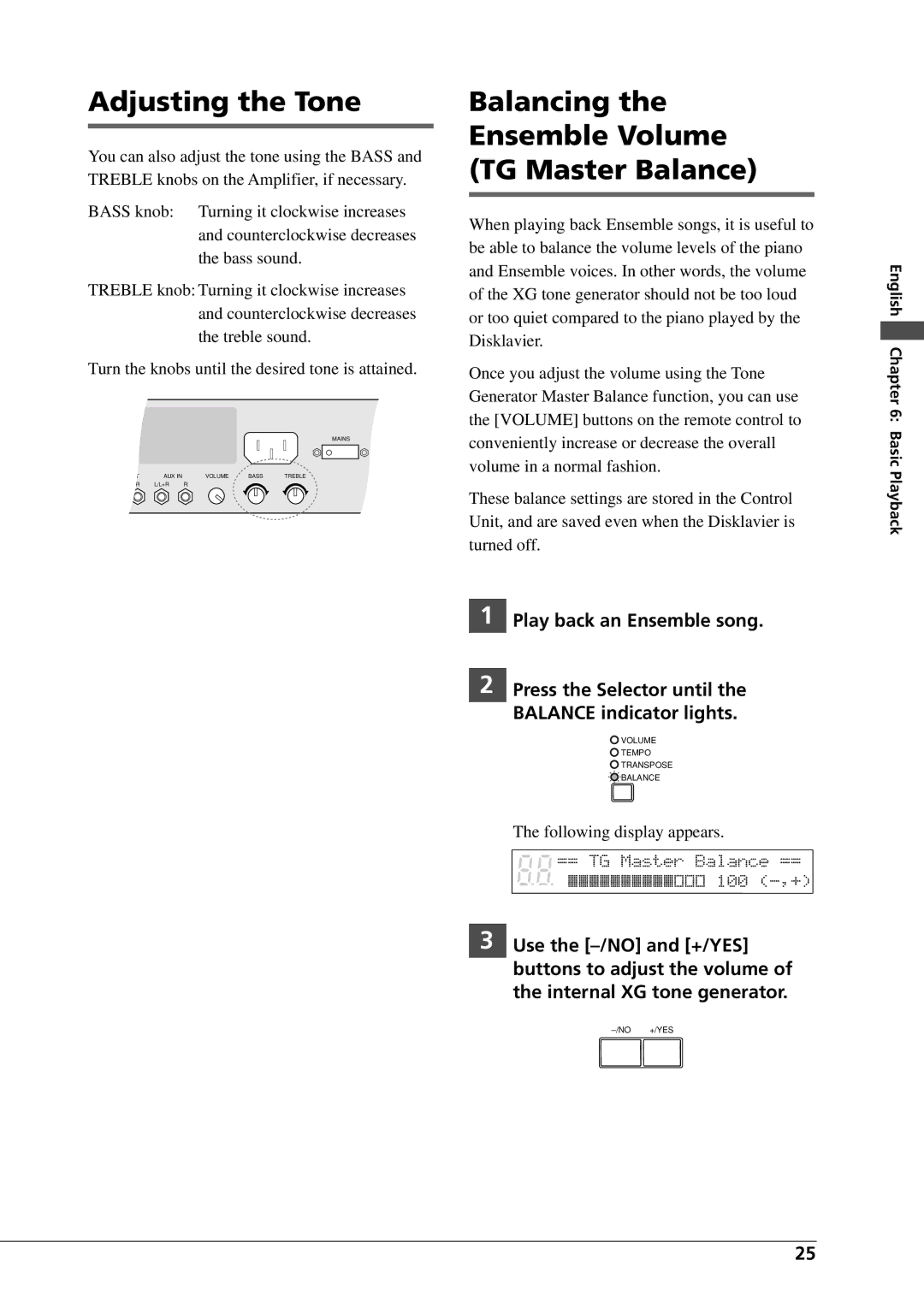 Yamaha DGC1B manual Adjusting the Tone, Balancing Ensemble Volume TG Master Balance, Press the Selector until 