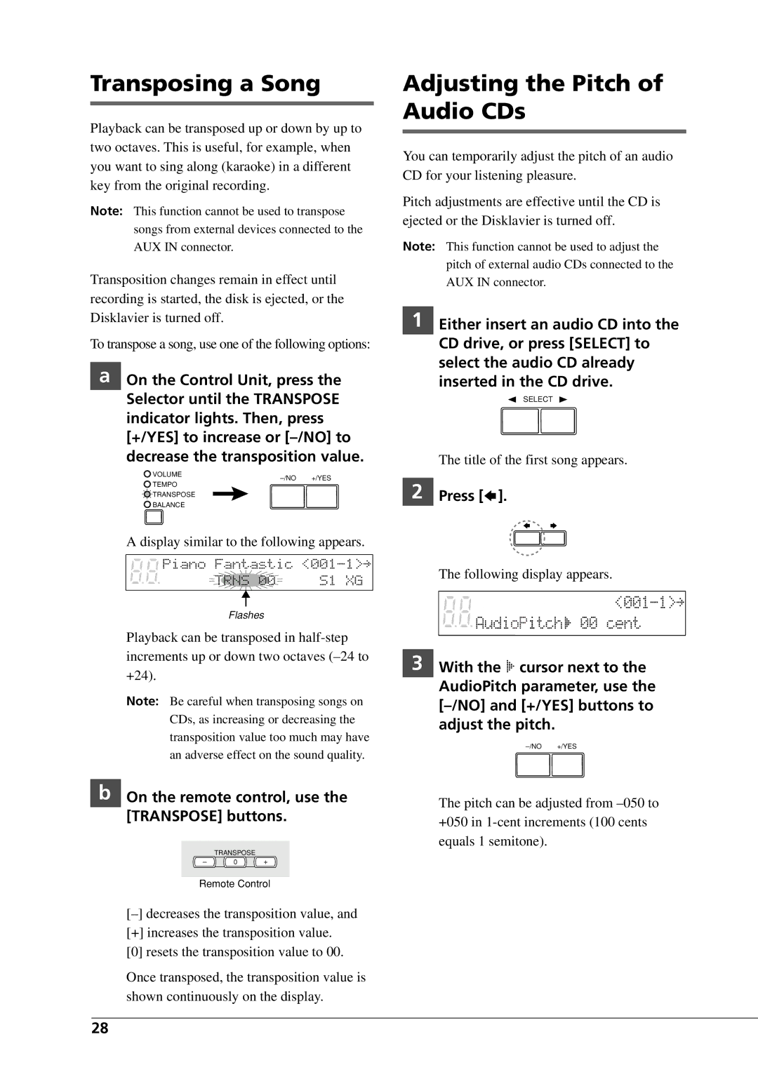 Yamaha DGC1B manual Transposing a Song, Adjusting the Pitch of Audio CDs, Press, With the c cursor next to 