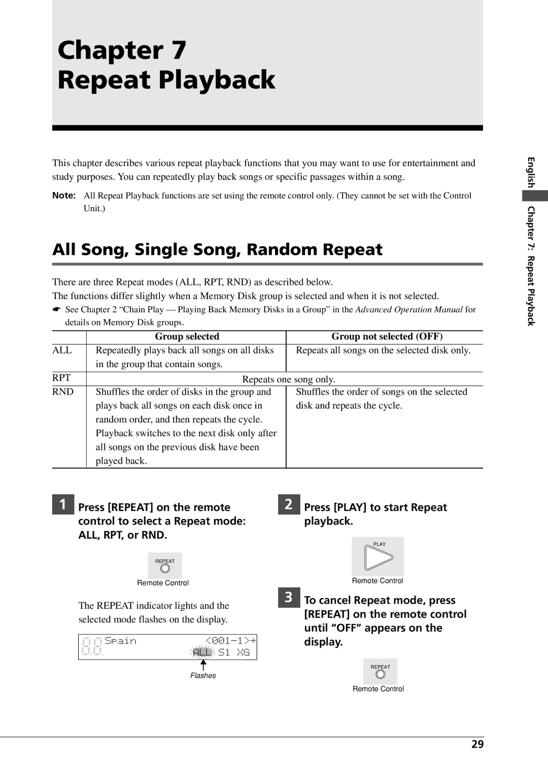 Yamaha DGC1B manual Chapter Repeat Playback, All Song, Single Song, Random Repeat, Press Play to start Repeat playback 