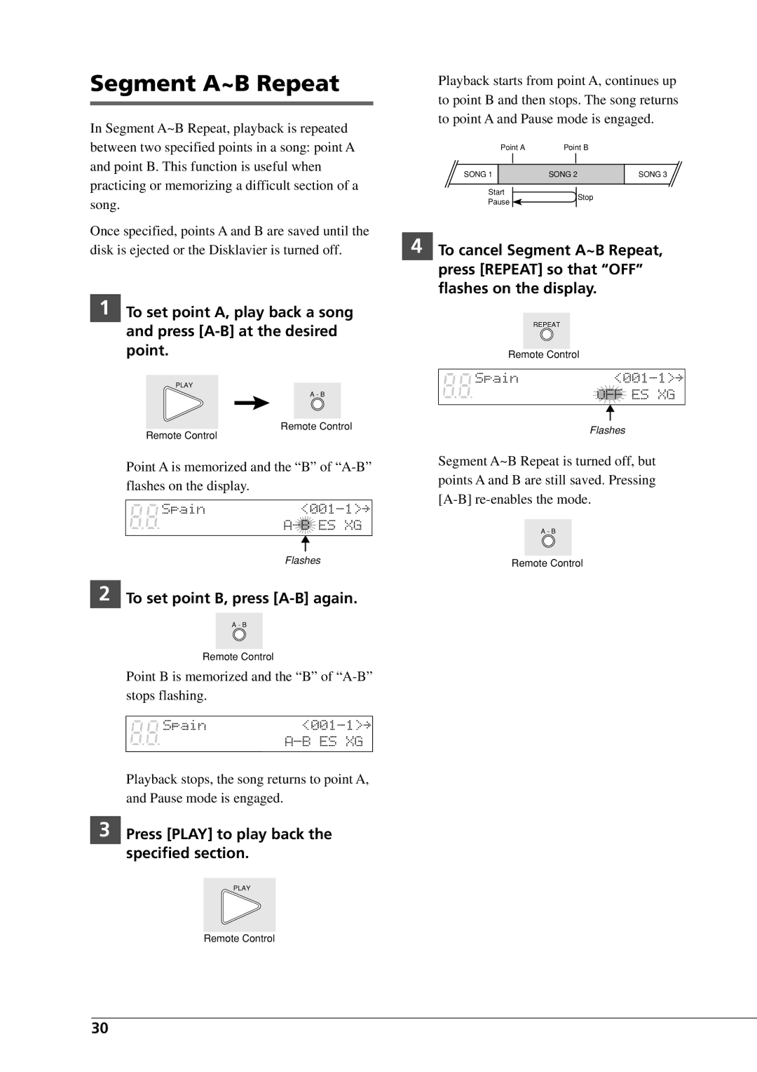 Yamaha DGC1B manual To cancel Segment A~B Repeat, To set point B, press A-B again 