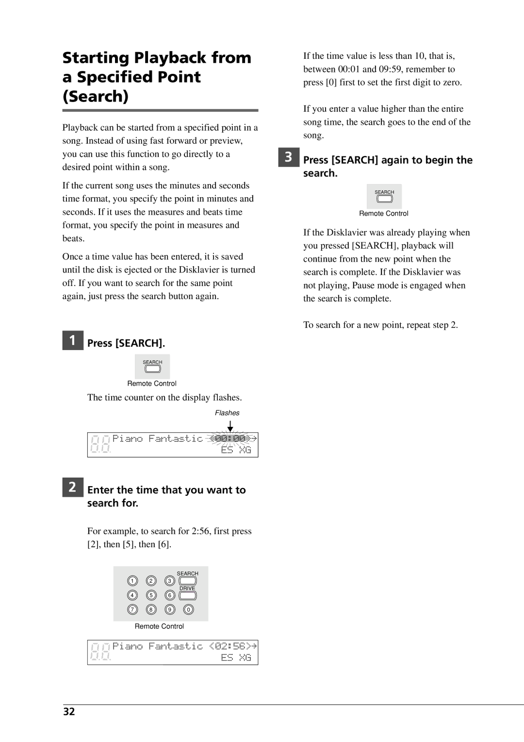 Yamaha DGC1B Starting Playback from a Specified Point Search, Press Search, Enter the time that you want to search for 