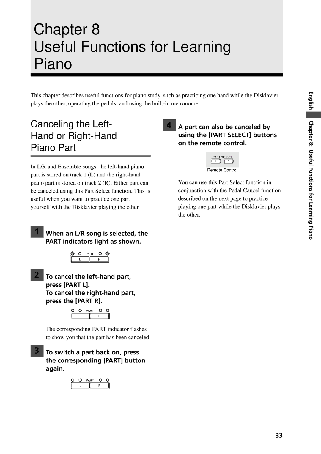 Yamaha DGC1B manual Chapter Useful Functions for Learning Piano, Canceling the Left, Hand or Right-Hand, Piano Part 