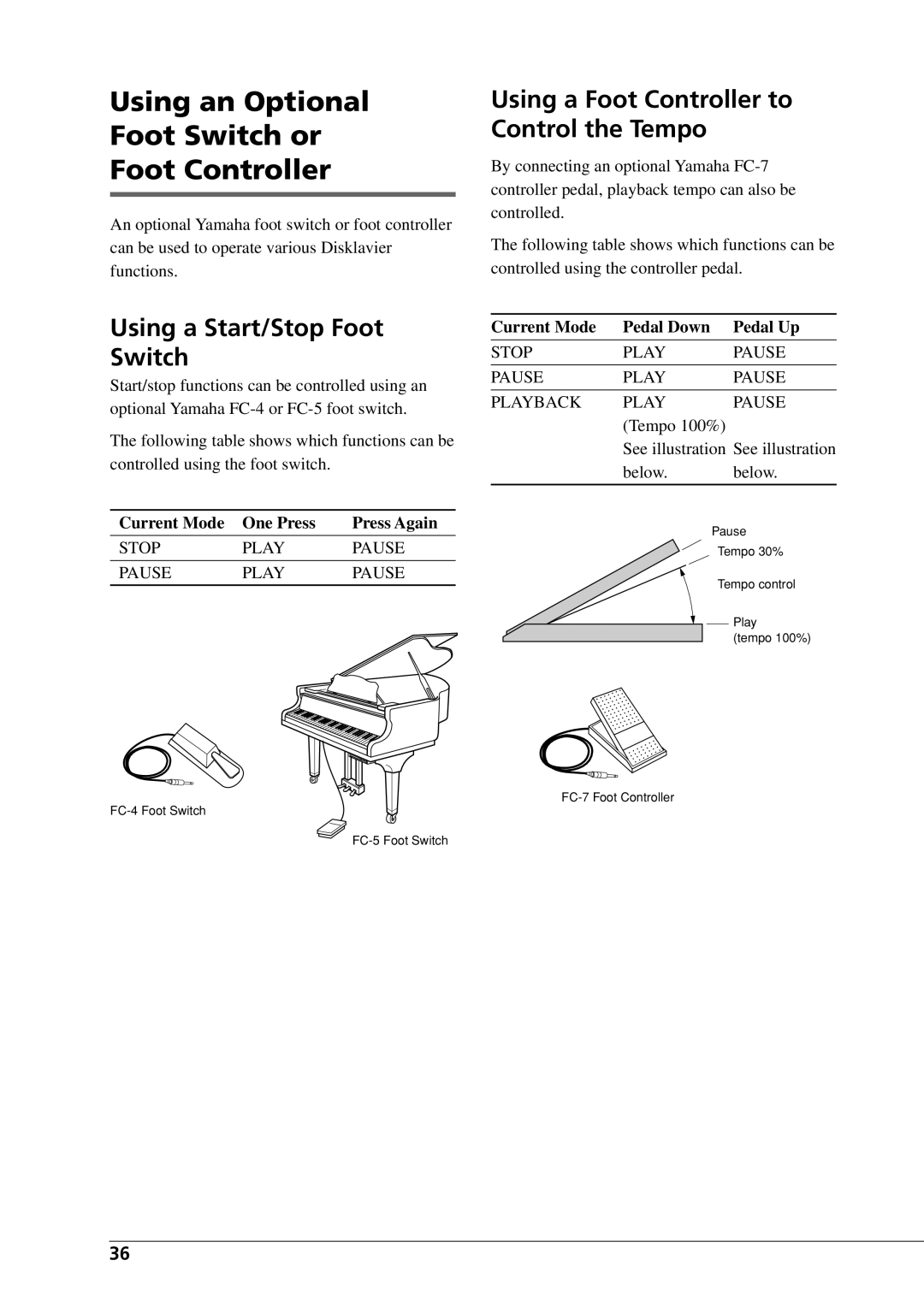 Yamaha DGC1B manual Using an Optional Foot Switch or Foot Controller, Using a Start/Stop Foot Switch 