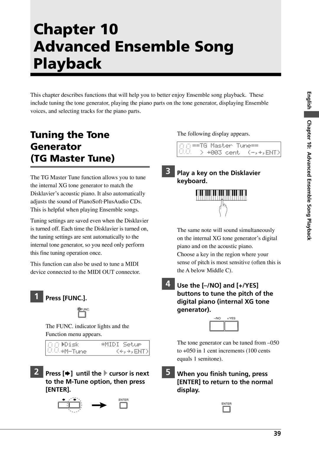 Yamaha DGC1B manual Chapter Advanced Ensemble Song Playback, Tuning the Tone, Generator TG Master Tune 