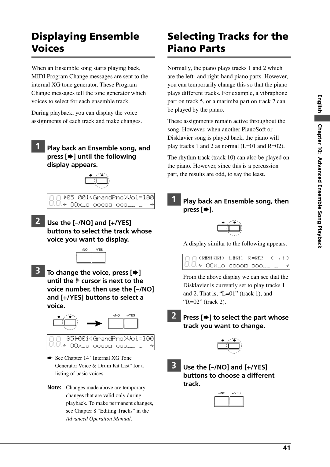 Yamaha DGC1B manual Displaying Ensemble Voices, Selecting Tracks for the Piano Parts 