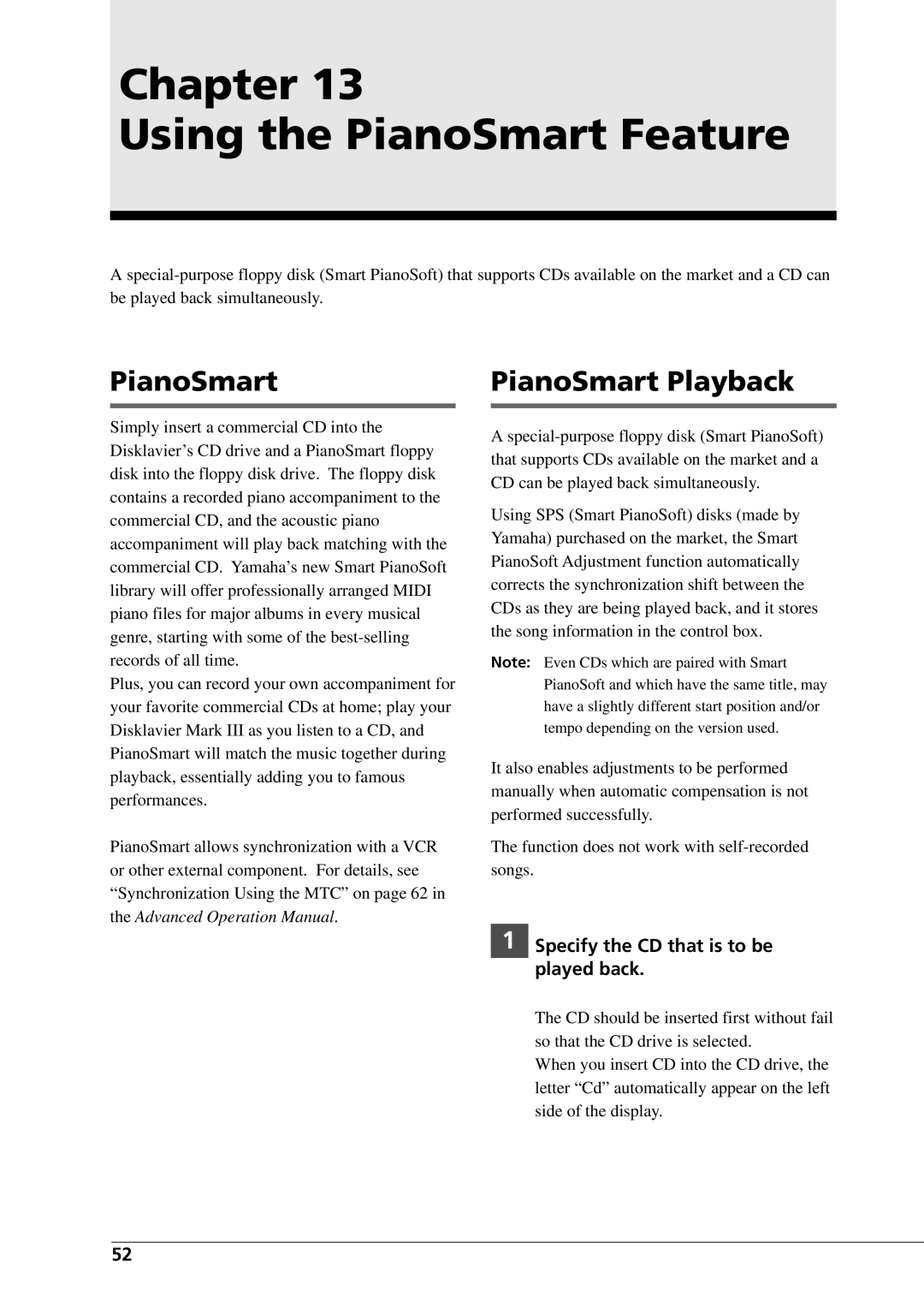 Yamaha DGC1B manual Chapter Using the PianoSmart Feature, PianoSmart Playback, Specify the CD that is to be played back 