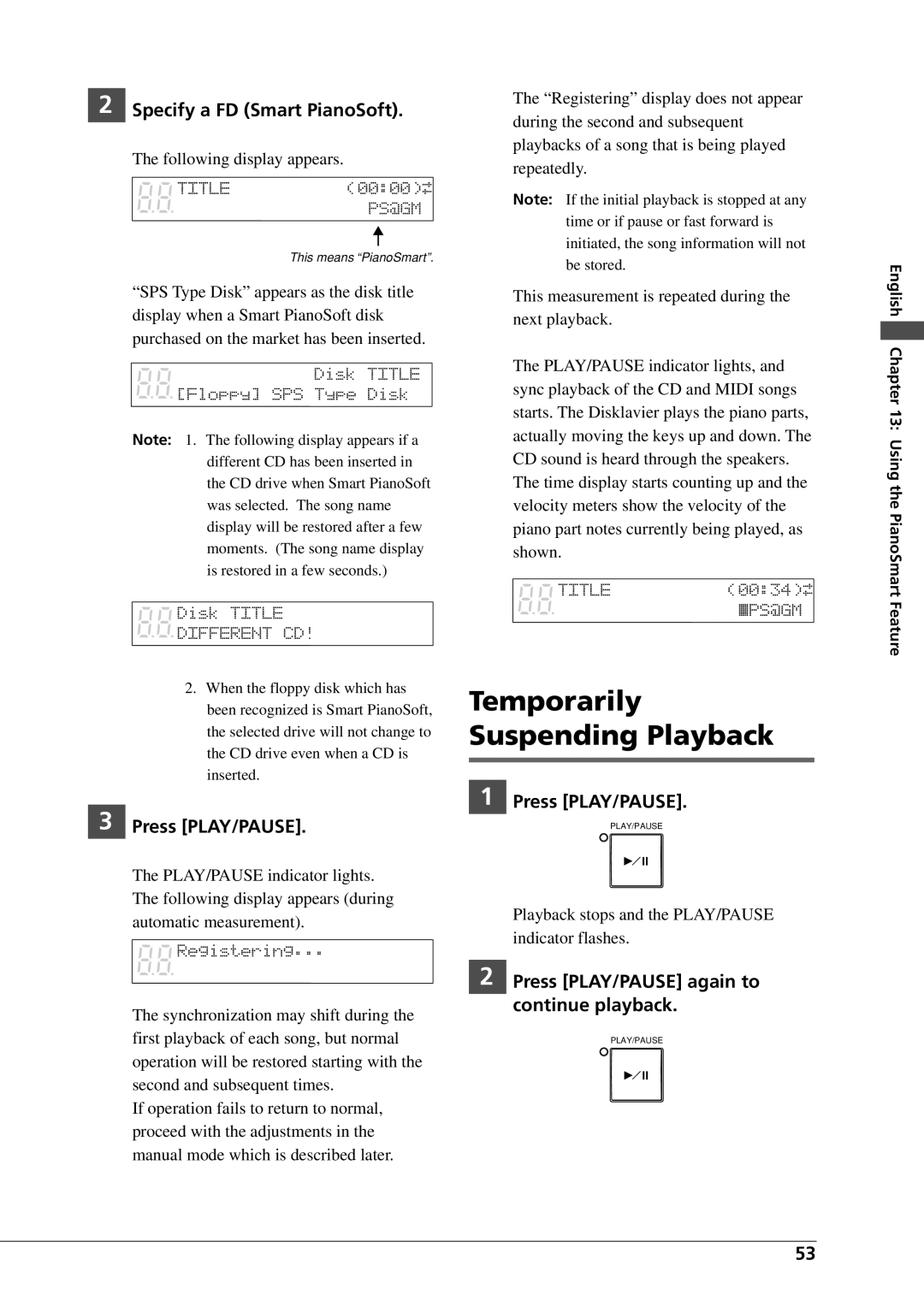 Yamaha DGC1B manual Temporarily Suspending Playback, Specify a FD Smart PianoSoft 