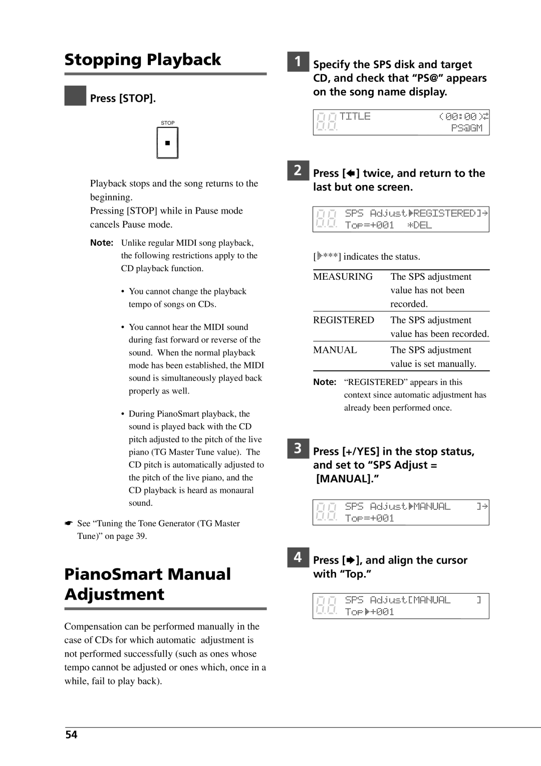 Yamaha DGC1B manual PianoSmart Manual Adjustment, Press twice, and return to the last but one screen 