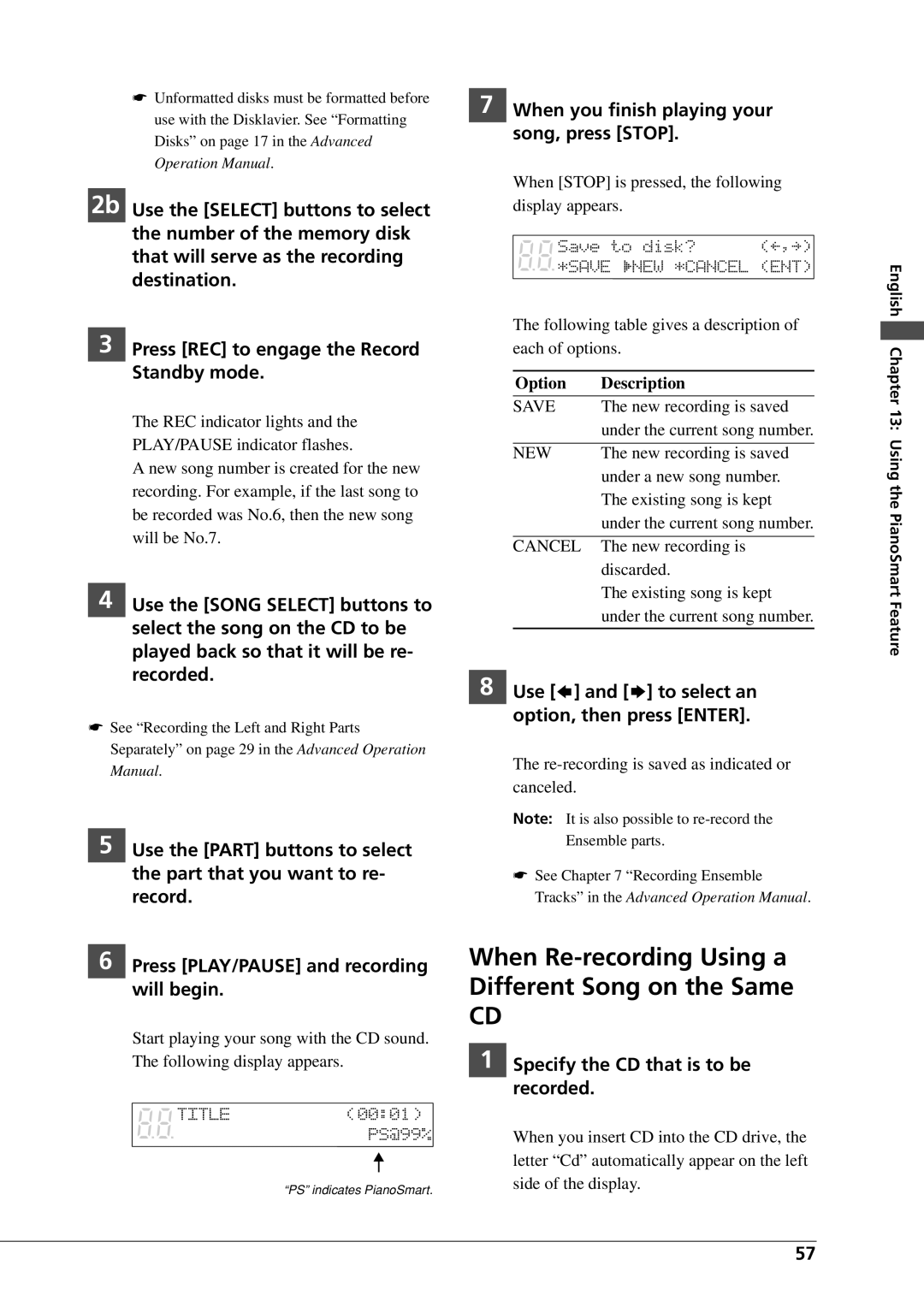 Yamaha DGC1B manual When Re-recording Using a Different Song on the Same, When you finish playing your song, press Stop 