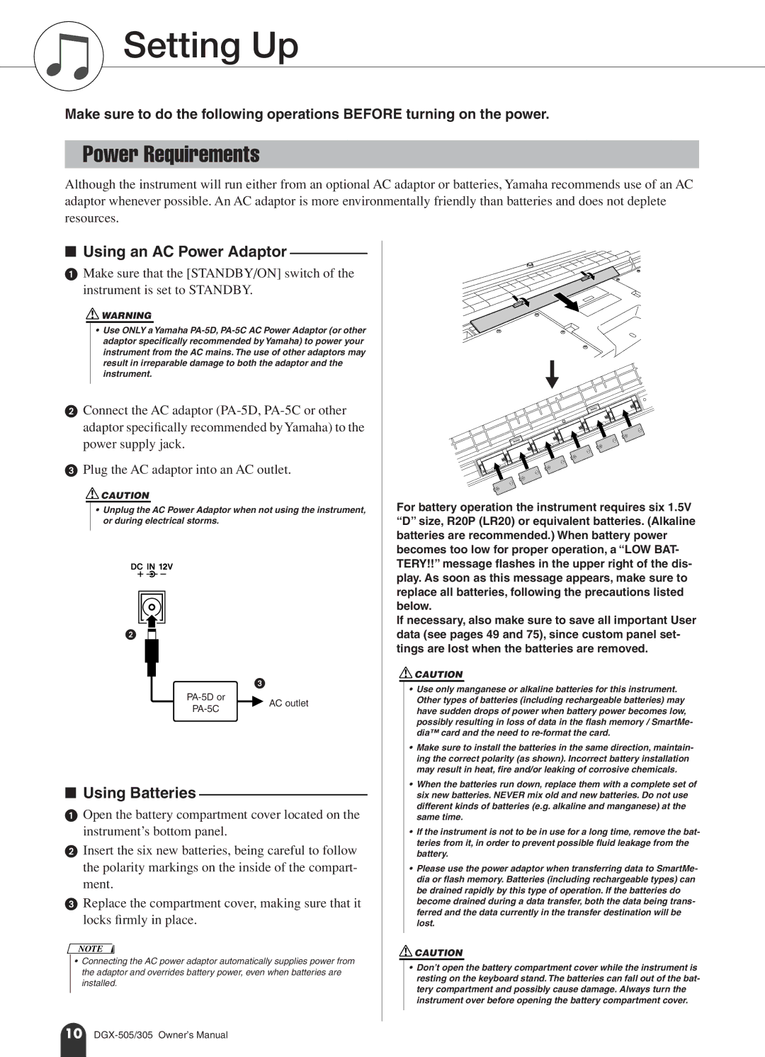 Yamaha DGX-505, DGX-305 manual Setting Up, Power Requirements, PA-5D or, AC outlet 