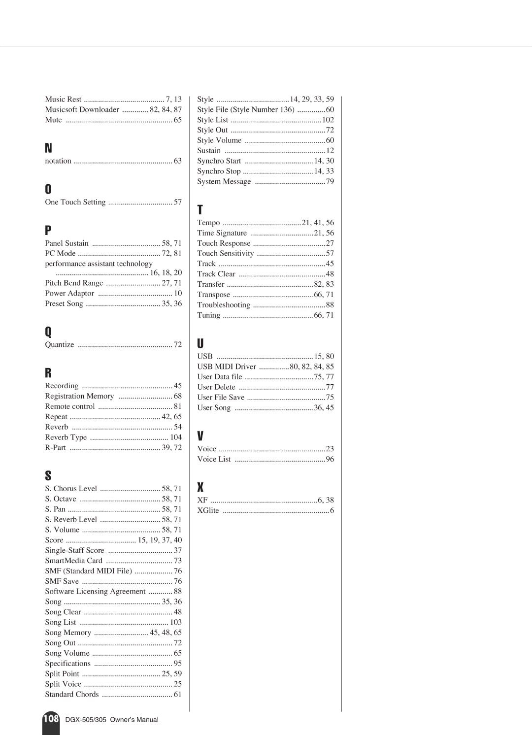 Yamaha DGX-505, DGX-305 manual Musicsoft Downloader 82, 84 