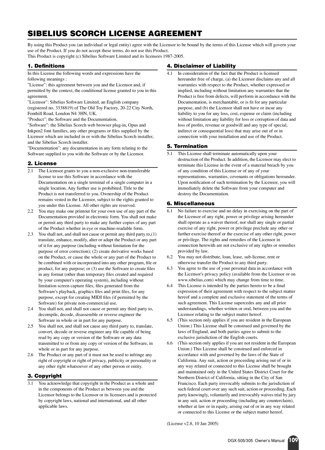 Yamaha DGX-305, DGX-505 manual Sibelius Scorch License Agreement 