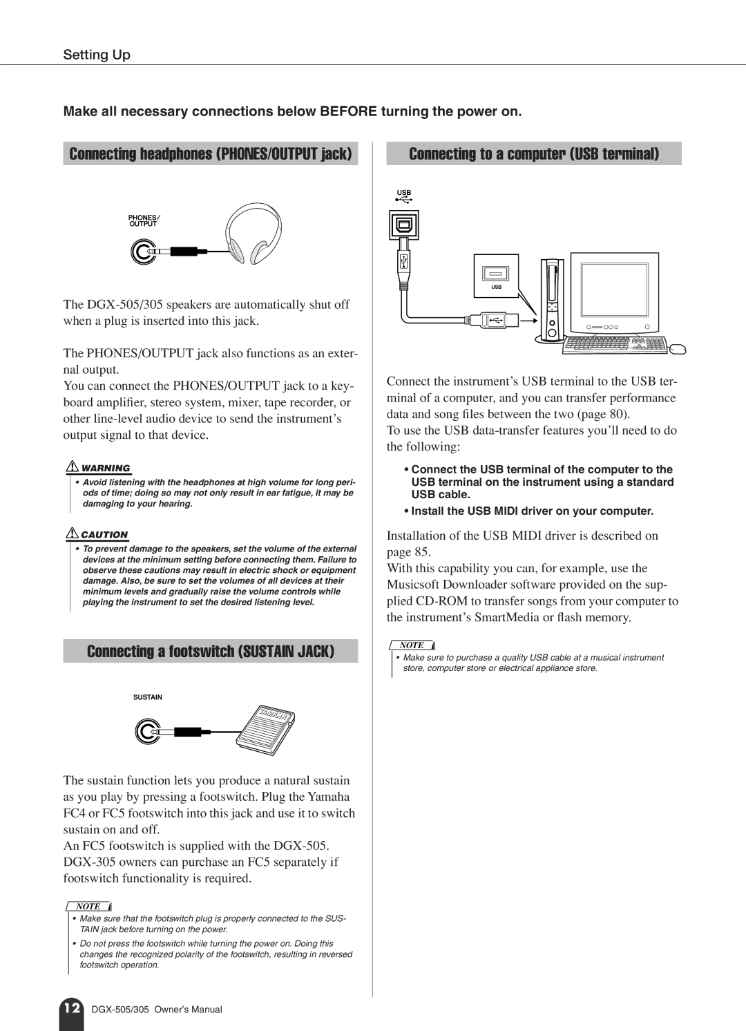 Yamaha DGX-505, DGX-305 manual Connecting to a computer USB terminal 