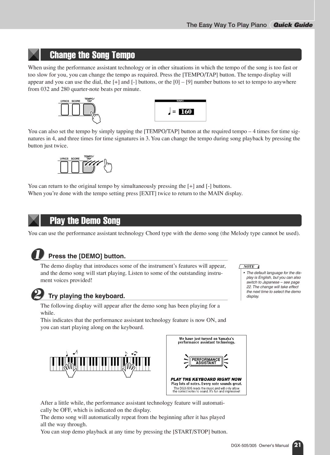 Yamaha DGX-305, DGX-505 manual Change the Song Tempo, Play the Demo Song, Press the Demo button, Try playing the keyboard 