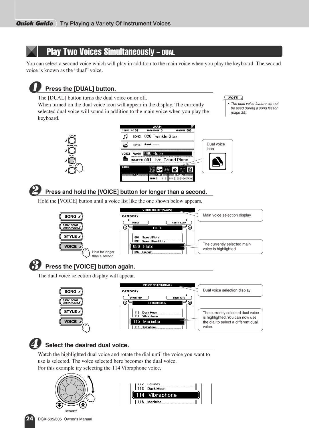 Yamaha DGX-505, DGX-305 manual Play Two Voices Simultaneously Dual, Press the Dual button, Press the Voice button again 