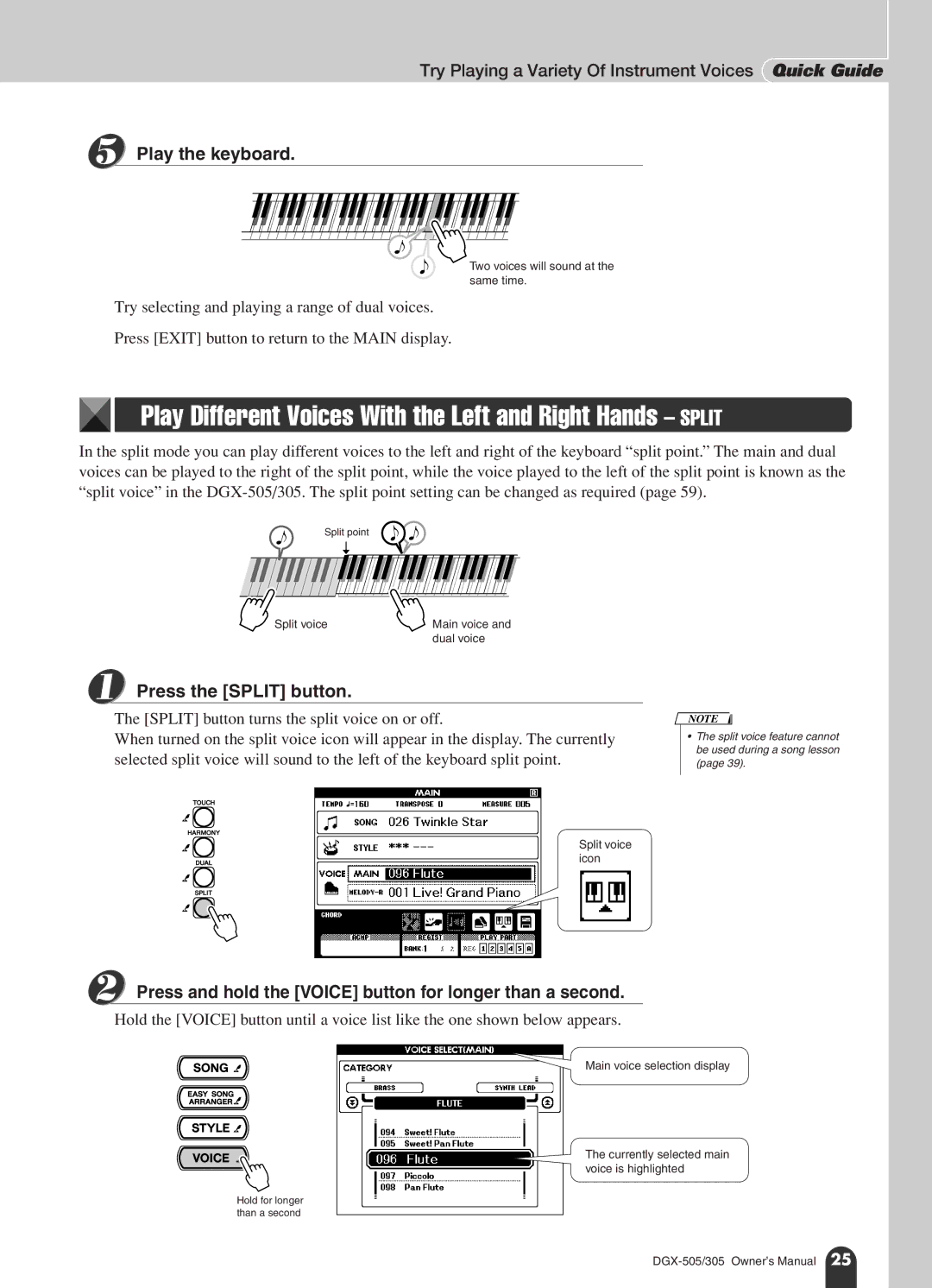 Yamaha DGX-305, DGX-505 manual Play Different Voices With the Left and Right Hands Split, Press the Split button 