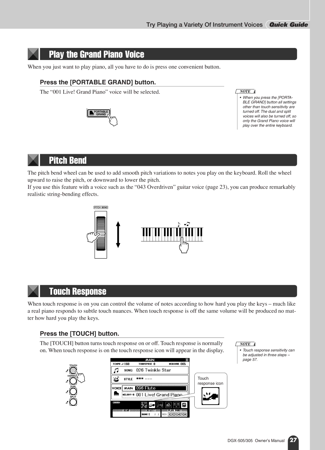 Yamaha DGX-305, DGX-505 manual Play the Grand Piano Voice, Pitch Bend, Touch Response, Press the Portable Grand button 