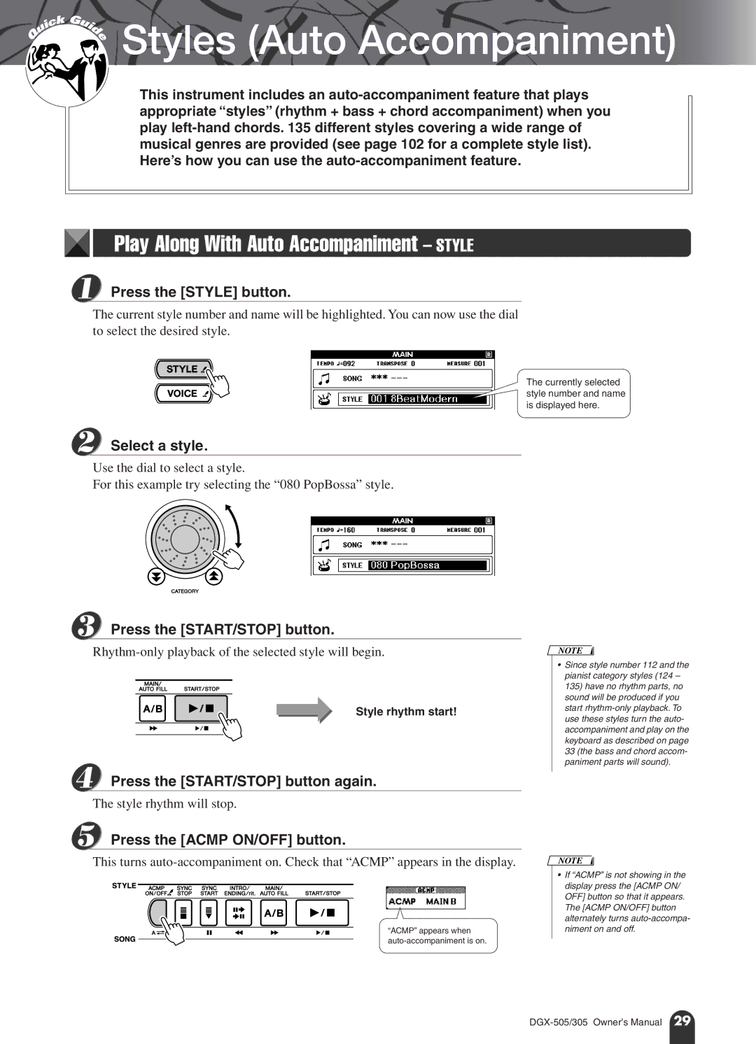 Yamaha DGX-305, DGX-505 manual Play Along With Auto Accompaniment Style, Press the Style button, Select a style 