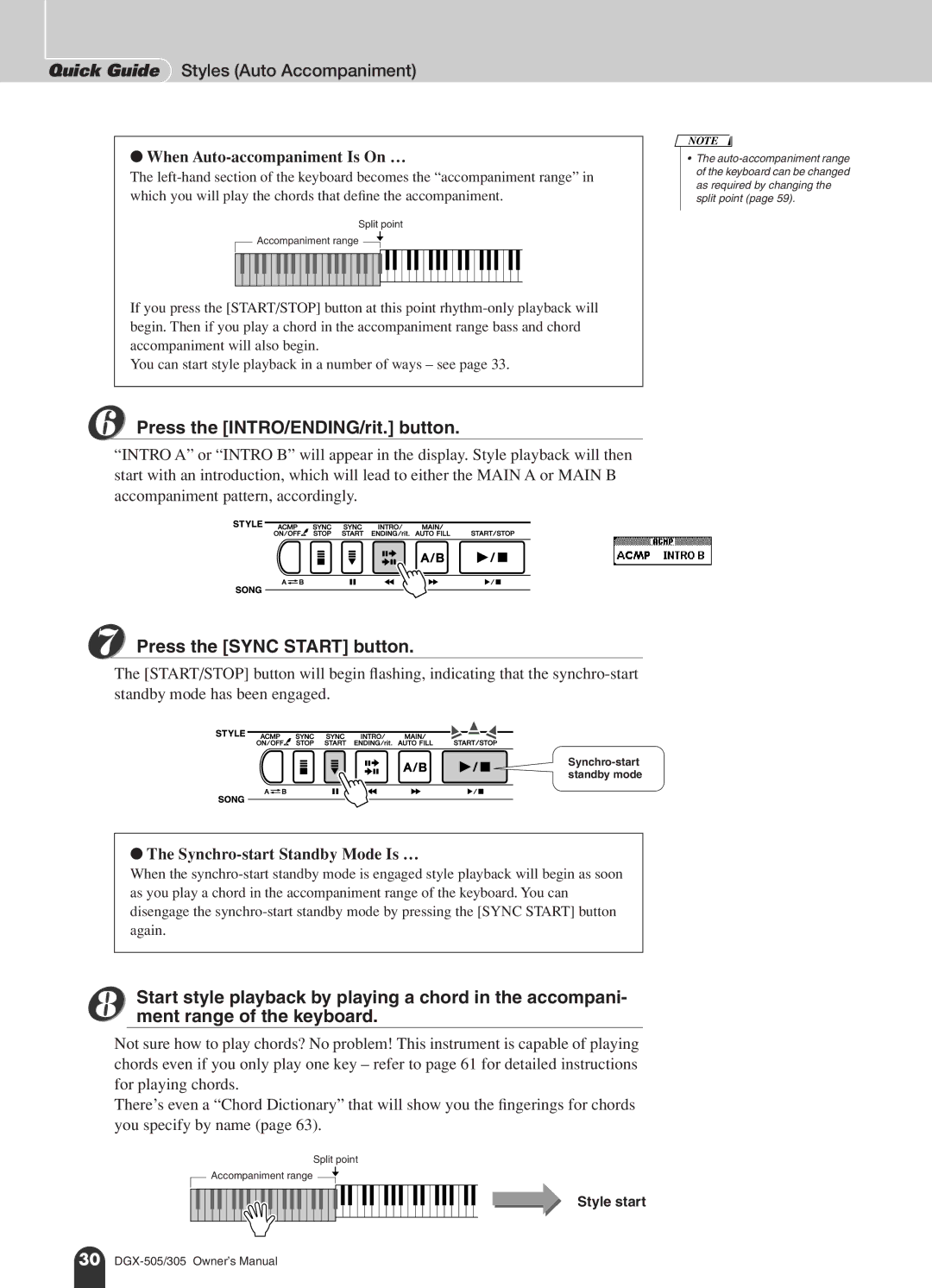 Yamaha DGX-505 Quick Guide Styles Auto Accompaniment, Press the INTRO/ENDING/rit. button, Press the Sync Start button 
