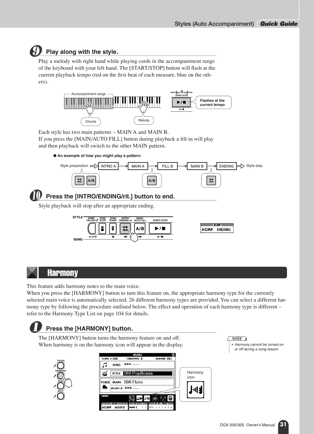 Yamaha DGX-305, DGX-505 Styles Auto Accompaniment Quick Guide, Play along with the style, Press the Harmony button 