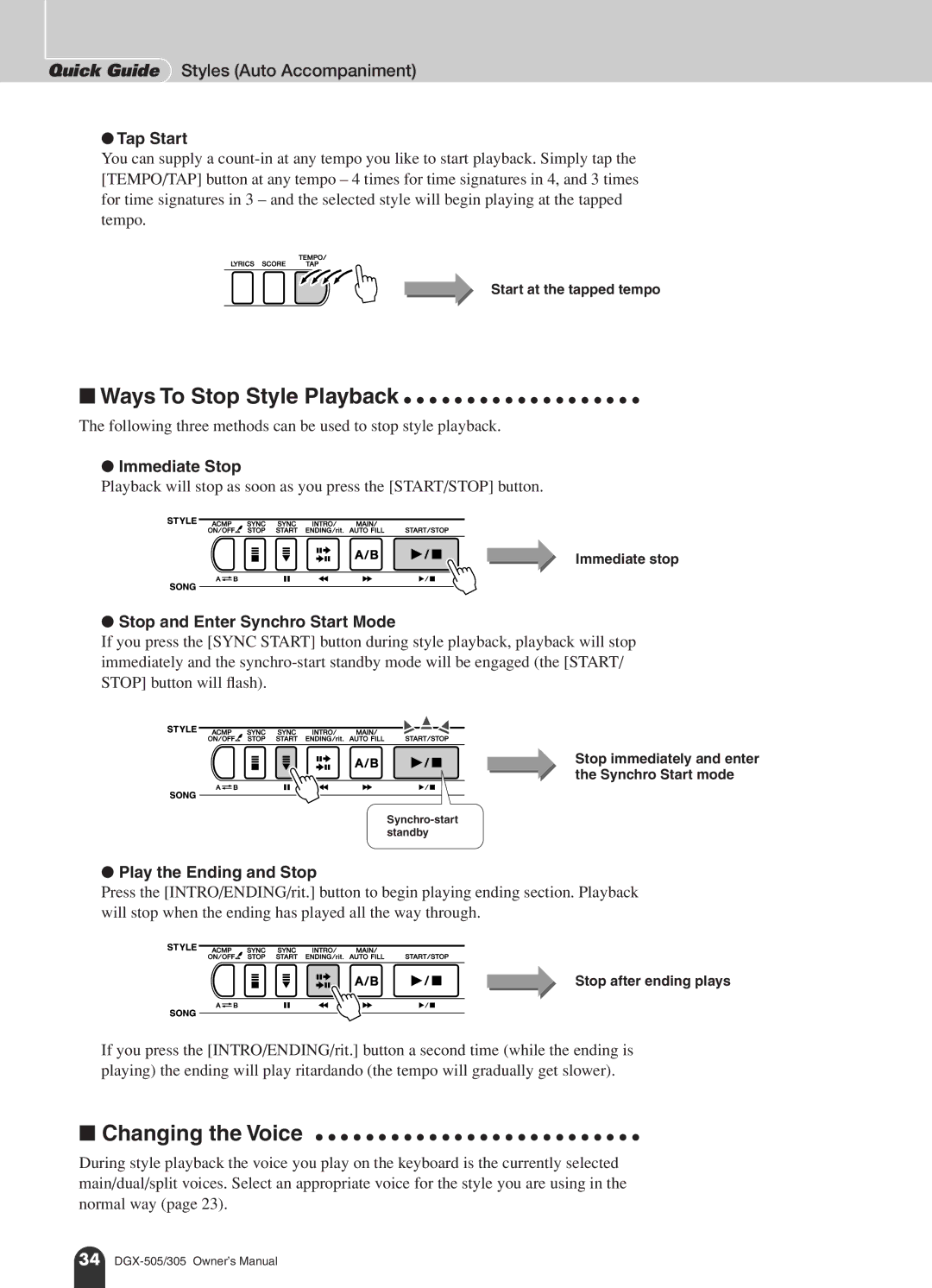 Yamaha DGX-505, DGX-305 manual Tap Start, Following three methods can be used to stop style playback, Immediate Stop 