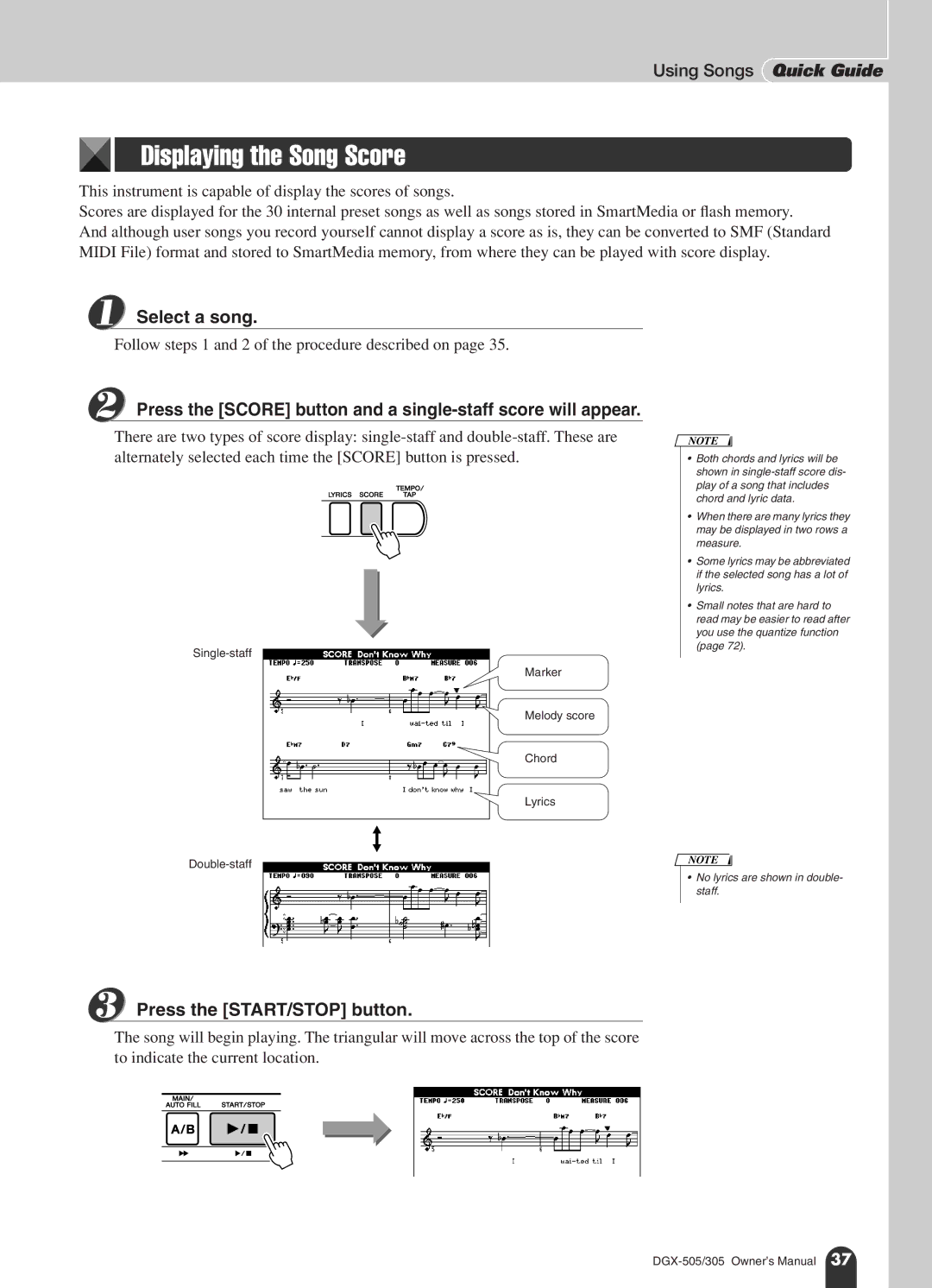 Yamaha DGX-305 Displaying the Song Score, Using Songs Quick Guide, Follow steps 1 and 2 of the procedure described on 