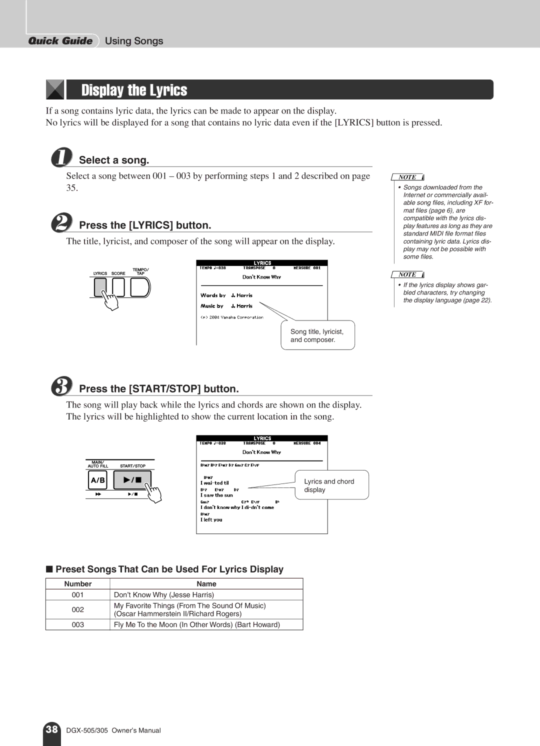Yamaha DGX-505 Display the Lyrics, Press the Lyrics button, Preset Songs That Can be Used For Lyrics Display, Number Name 