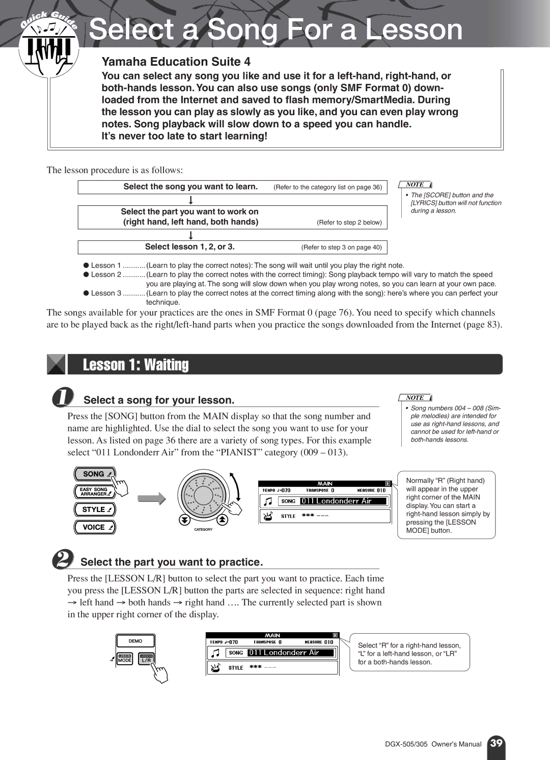 Yamaha DGX-305, DGX-505 manual Lesson 1 Waiting, Select a song for your lesson, Select the part you want to practice 