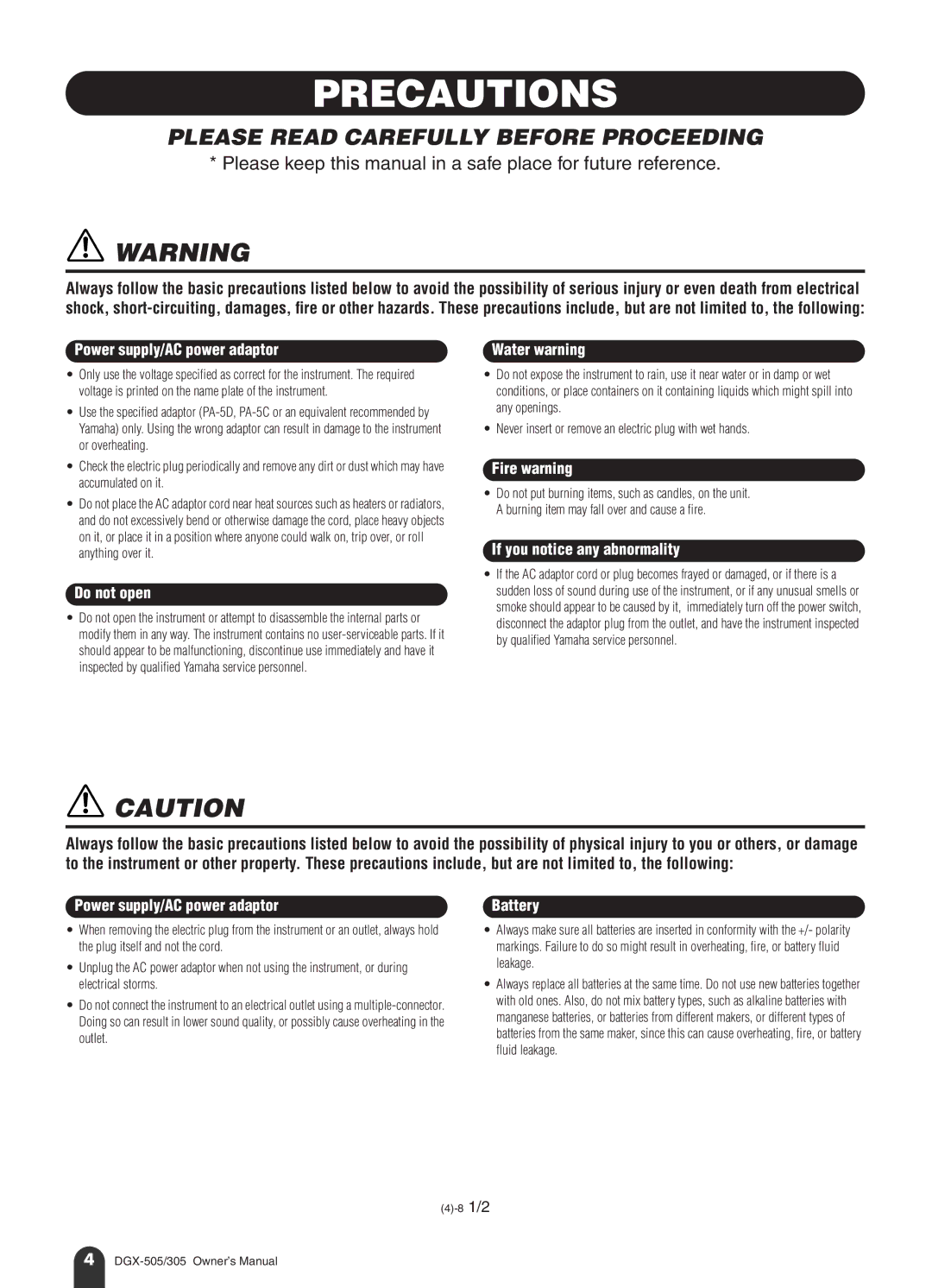 Yamaha DGX-505, DGX-305 manual Precautions 