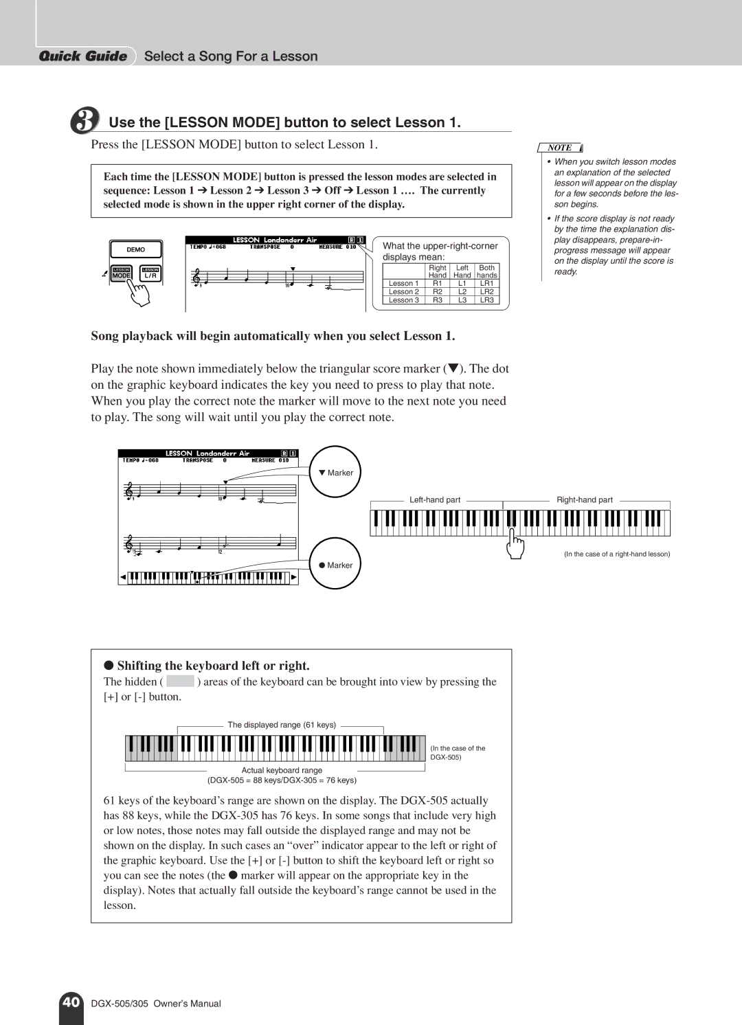 Yamaha DGX-505, DGX-305 manual Quick Guide Select a Song For a Lesson, Use the Lesson Mode button to select Lesson 