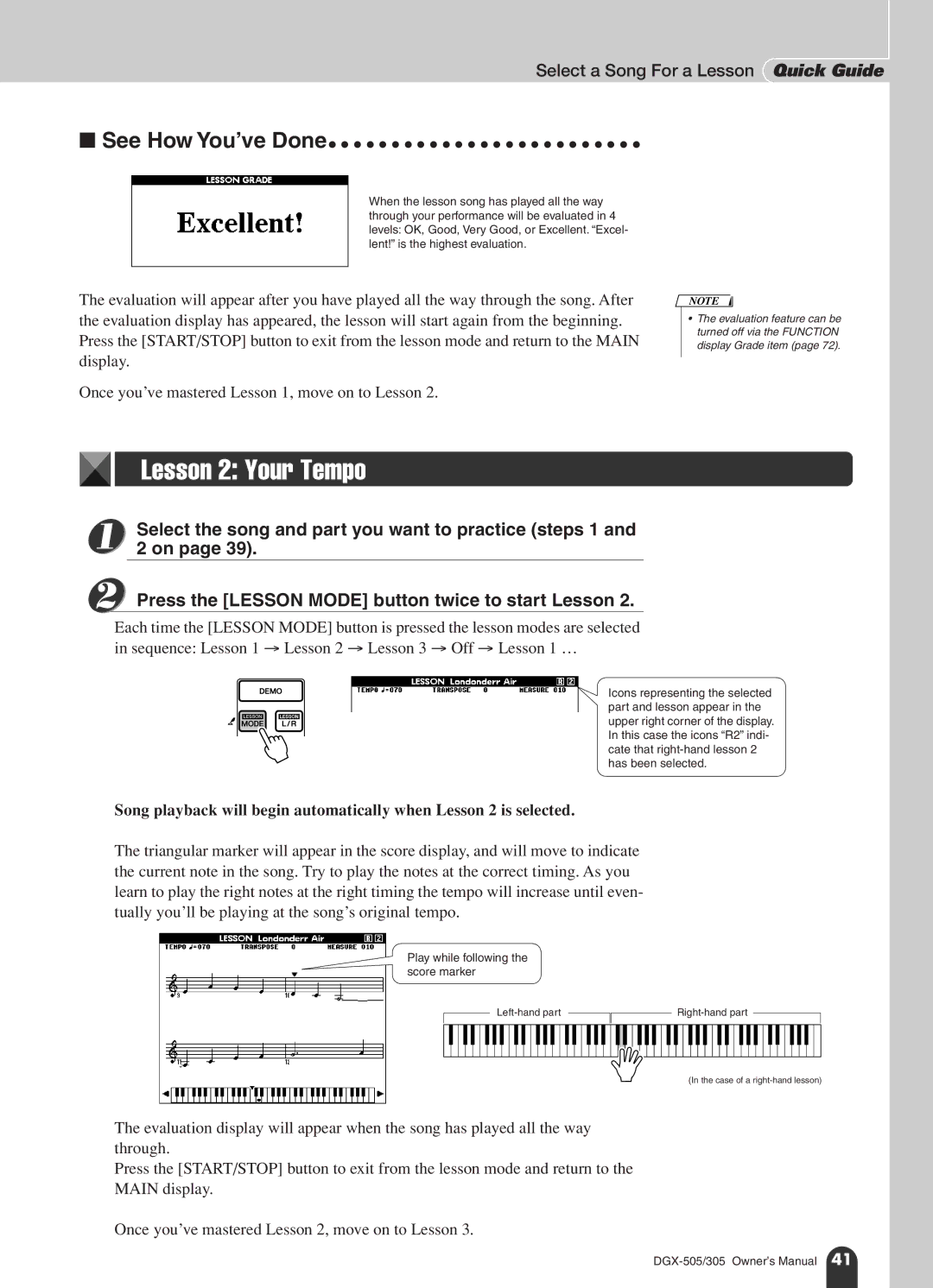 Yamaha DGX-305, DGX-505 manual Select a Song For a Lesson Quick Guide, Select the song and part you want to practice steps 1 